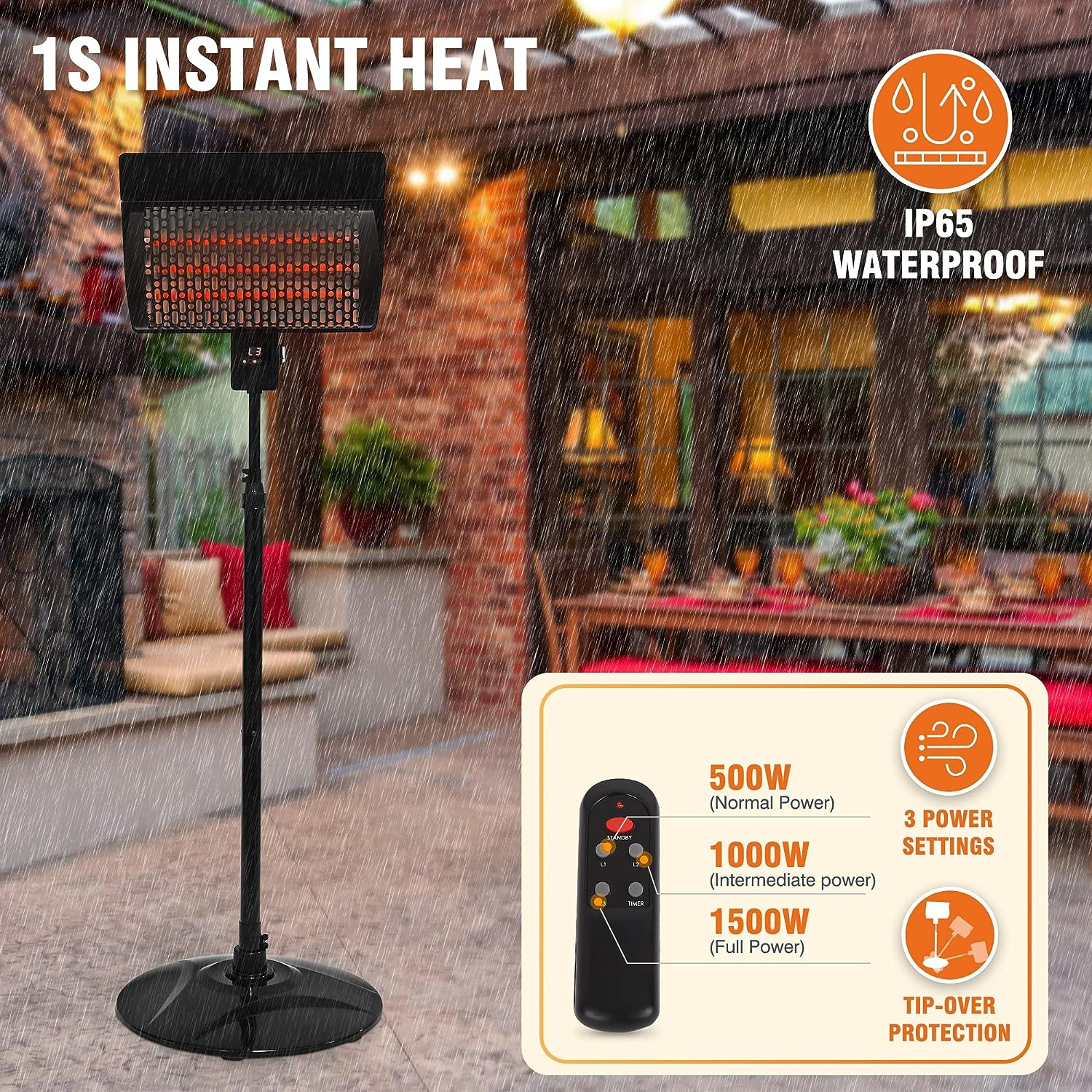 Sunday Living Outdoor Patio Heater, Electric Outdoor Heater, 1500W Outdoor Space Heater with Digital Panel,12H timer, Adjustable Height Electric Patio Heater