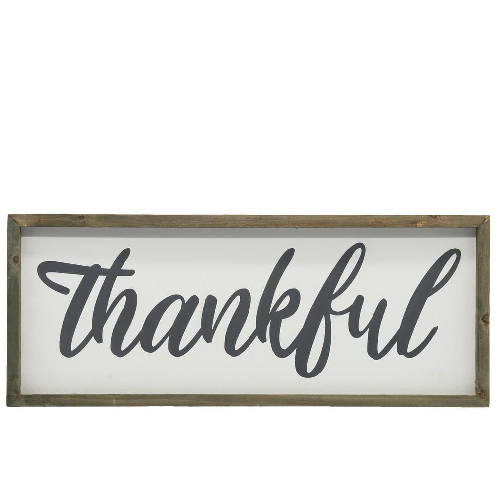 Urban Trend Urban Wood Rectangle Wall Art with Cursive Writing "THANKFUL" on Sage Color Frame and Metal Back Hangers Painted Finish White