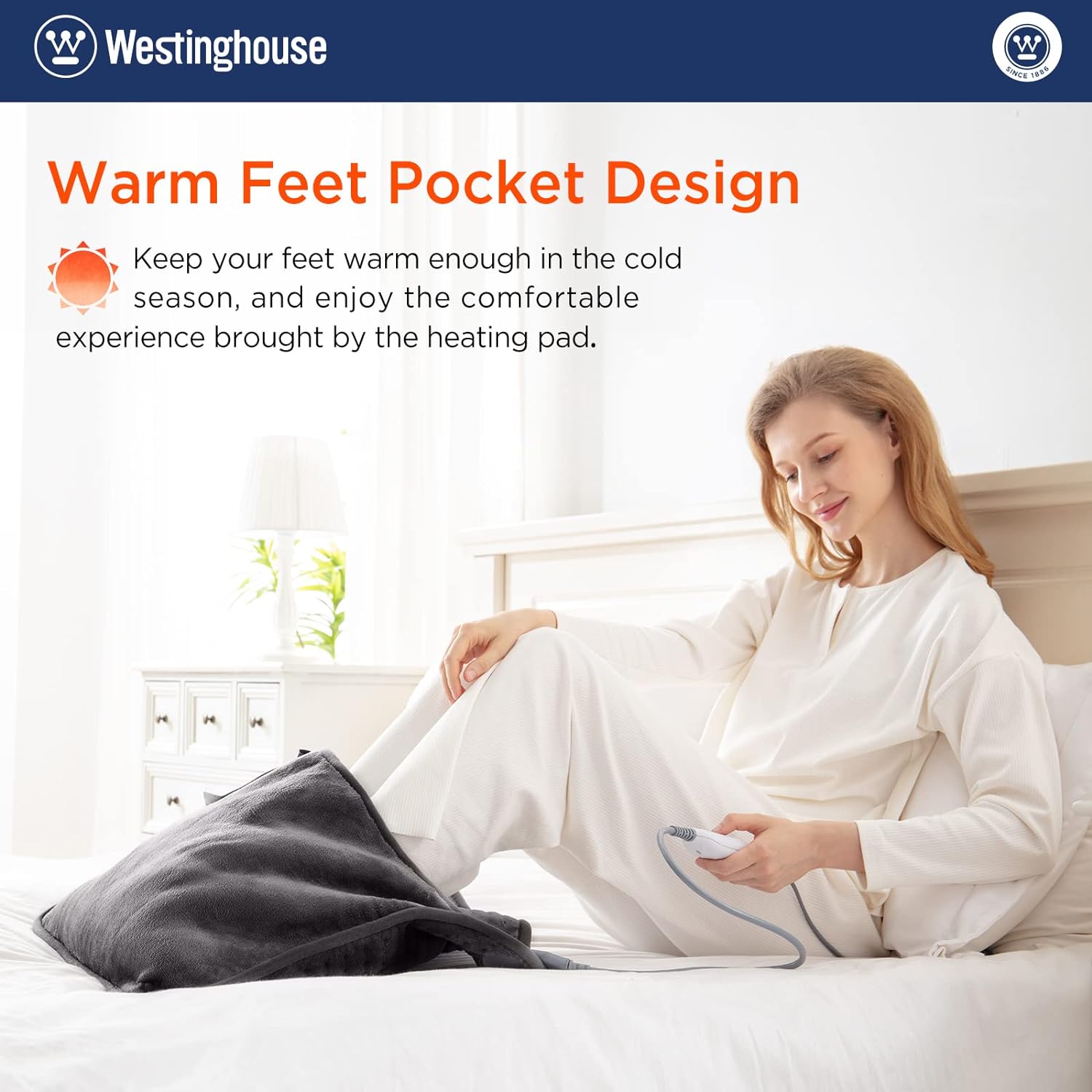 Westinghouse Electric Heating Pad for Back Pain Relief, with Warm Foot Pocket, 6 Heat Settings, 2 Hours Auto Shut Off, Machine Washable, Extra Large, 20" x 24" Grey