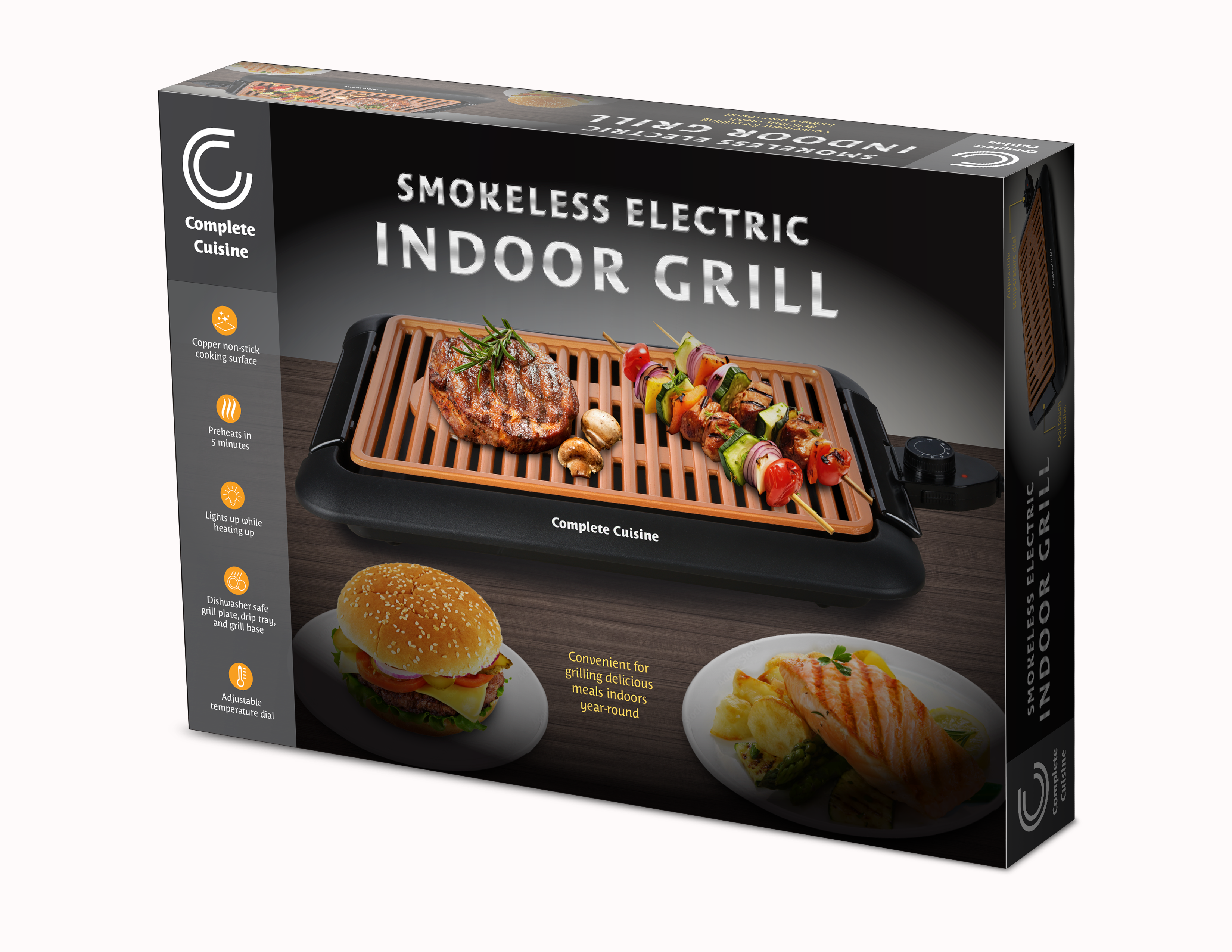 Complete Cuisine Smokeless Electric Indoor Grill, Adjustable Temperature Control, Dishwasher-Safe Plate, Copper