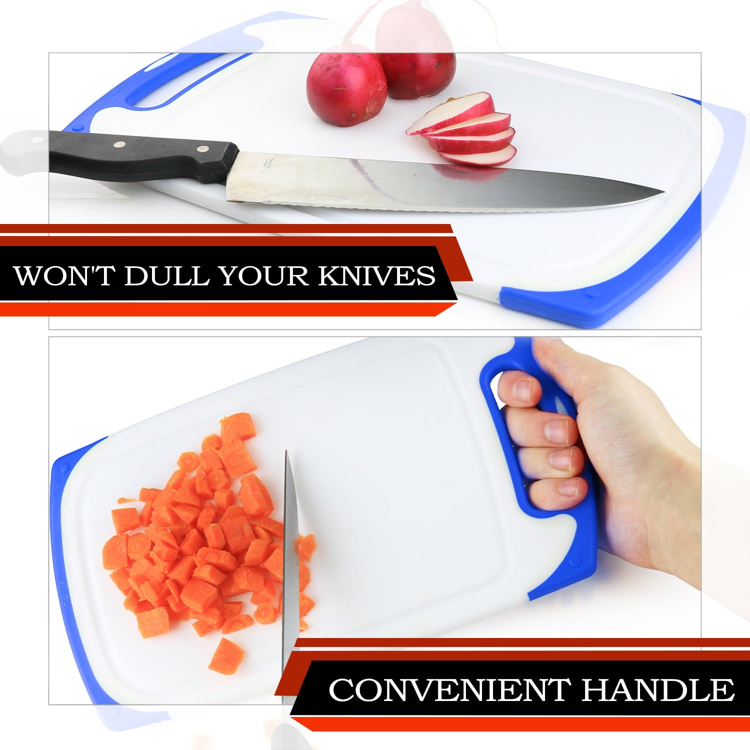 Belwares Plastic Cutting Boards Set of 3, with Non-Slip Feet and Deep Drip Juice Groove, Blue