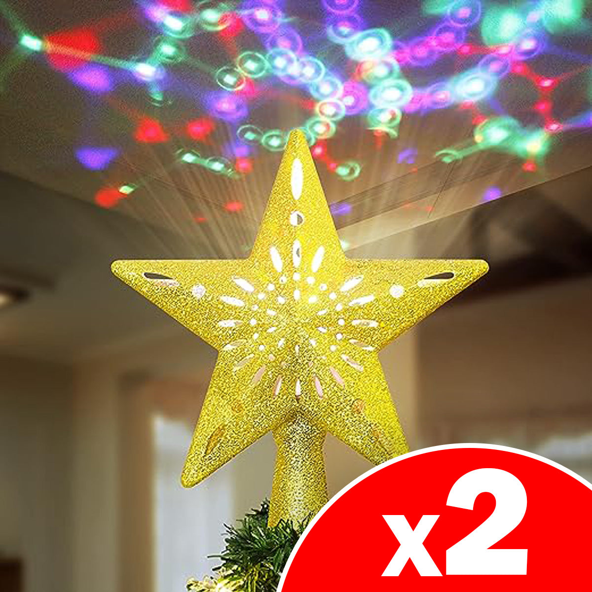 Lighted Star Christmas Tree Topper with Rotating LED Projector, 2 Pack