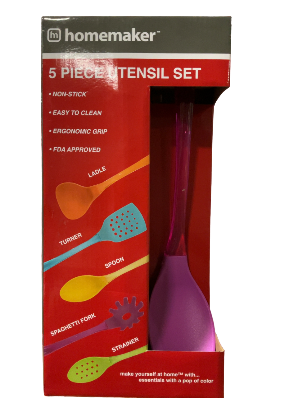 5 Piece Colorful Kitchen Utensil Set, Includes: Ladle, Turner, Spoon, Spaghetti Fork, Strainer