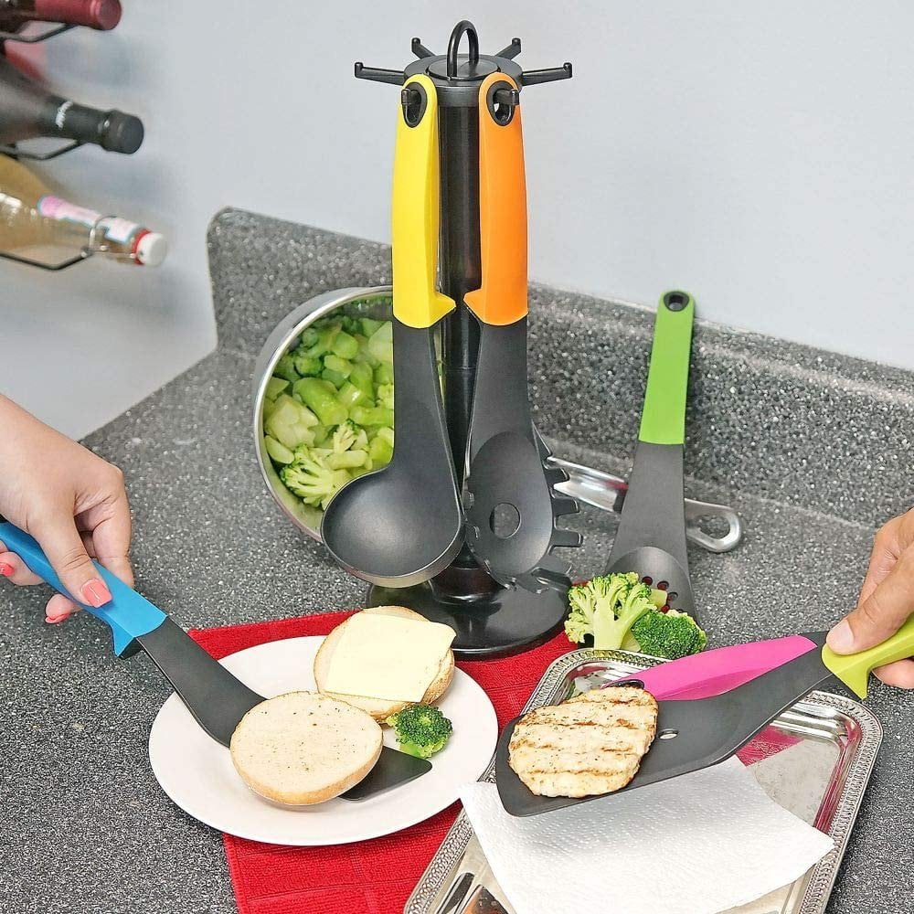 Set of 7 Kitchen Utensils w/Holder, Silicone Handles - Includes Ladle, Spatula, Spoon, Spaghetti Server, and More