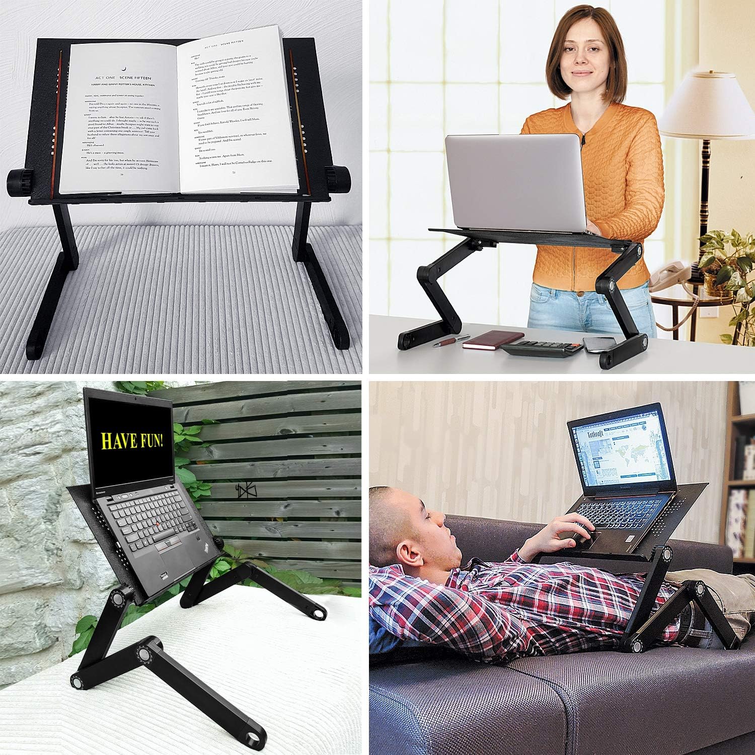 WonderWorker Newton Adjustable Laptop Table Bed Tray Cooling Pad, Lightweight Aluminum, Portable Folding Laptop Stand, Black Standard