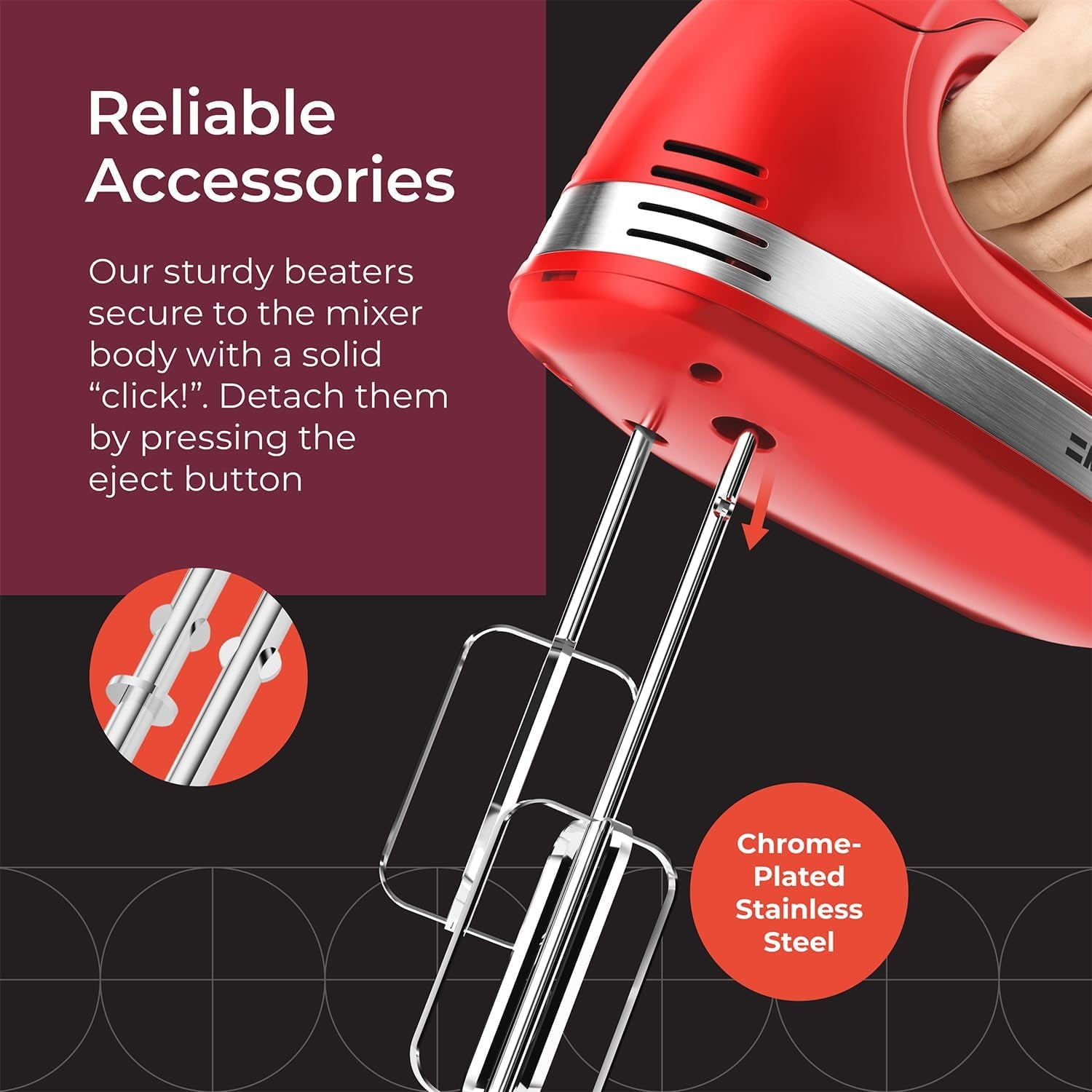 Mueller 5 Speed Electric Hand Mixer with Snap-On Case and 4 Stainless Steel Accessories