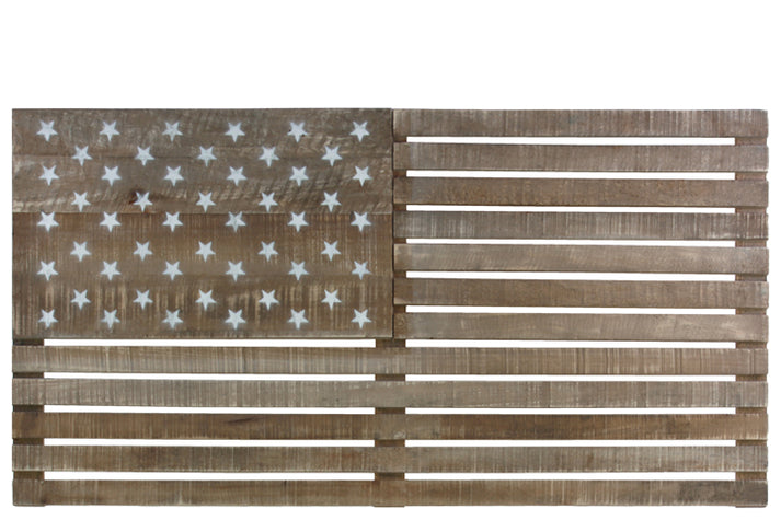 Wood Rectangle American Flag Wall Sculpture with Painted Stars Natural Wood Finish Tan