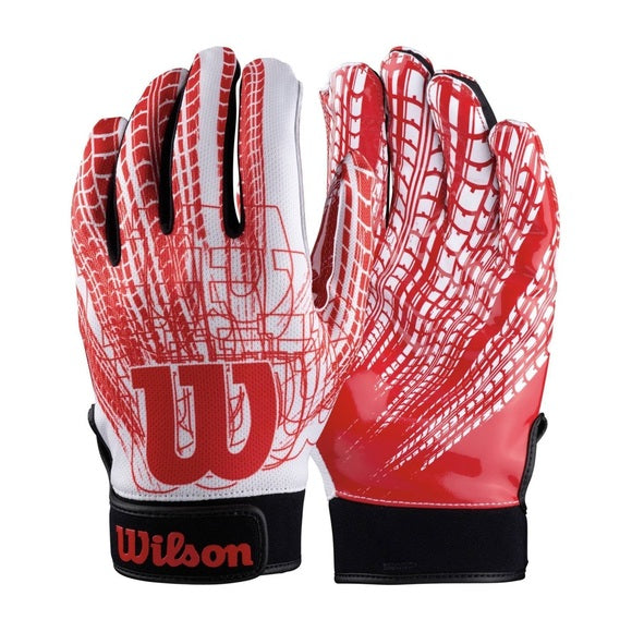 Wilson Youth Red and White Adjustable Wrist Strap Super Grip Football Gloves, Size Large