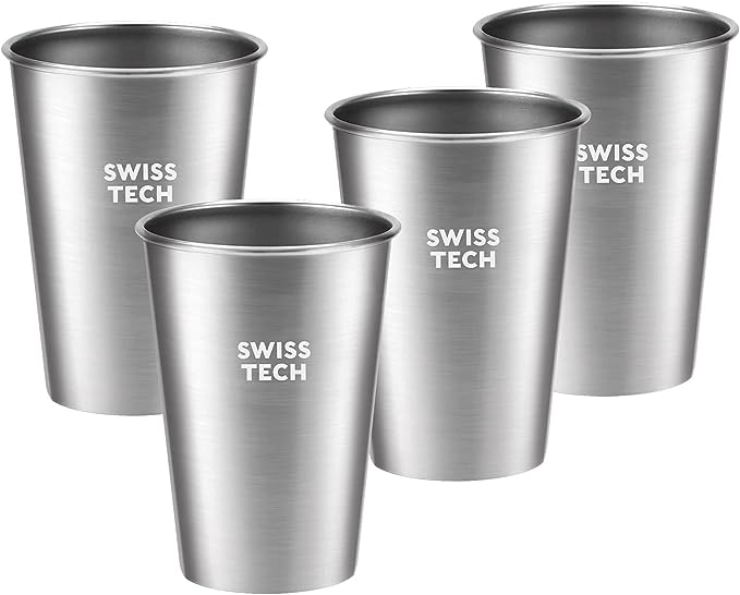 Swiss+Tech 16 oz Stainless Steel Cups, 4 Pack Stackable Pint Cup For Travel, Outdoor and Home, Silver