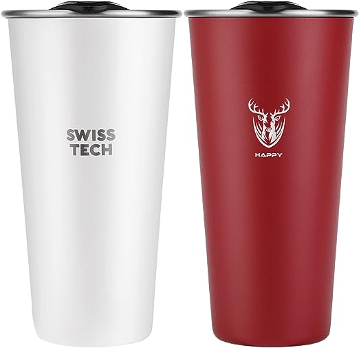 Swiss+Tech 16oz Stainless Steel Cups with lids, 2 Pack Double Wall Pint Cups, Insulated Tumbler with Lid, Unbreakable Durable Cups (Red & White)