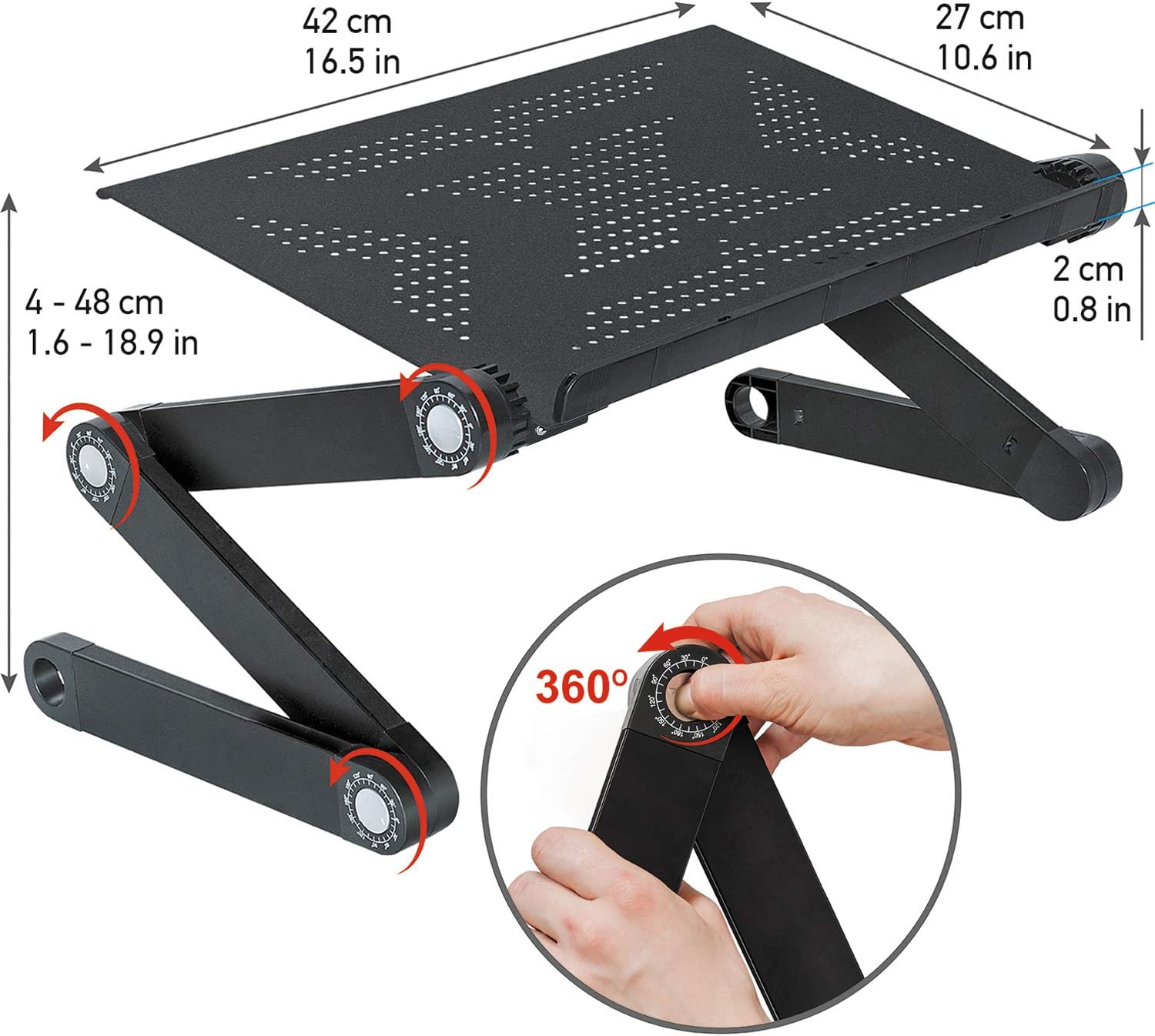 WonderWorker Newton Adjustable Laptop Table Bed Tray Cooling Pad, Lightweight Aluminum, Portable Folding Laptop Stand, Black Standard