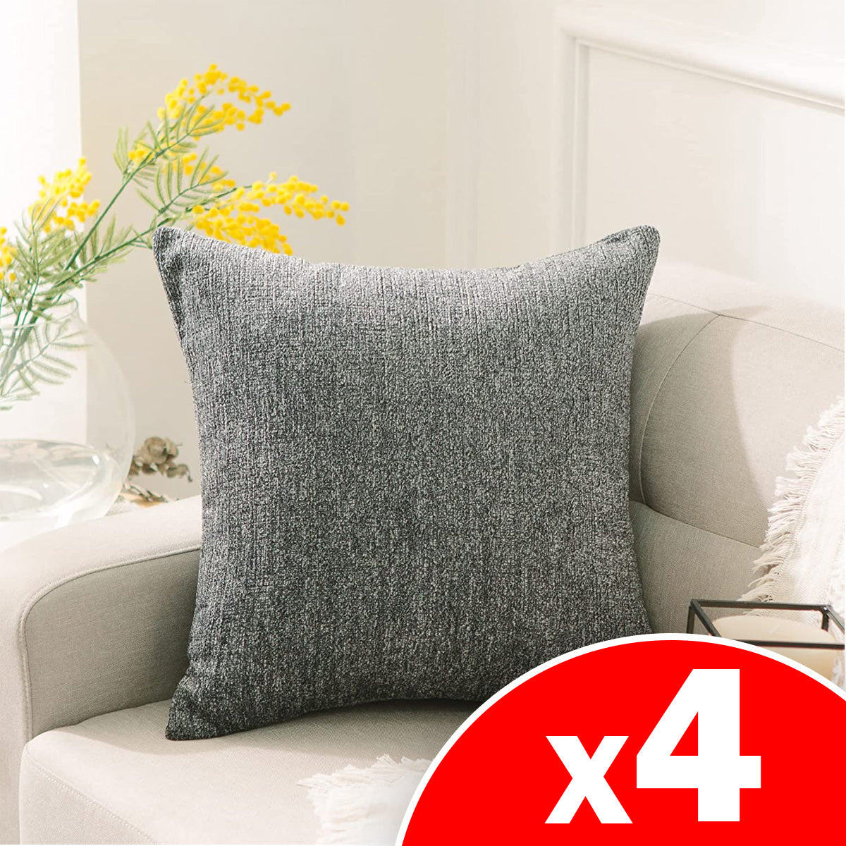 Decorative Chenille Pillow, Grey, 4 Pack