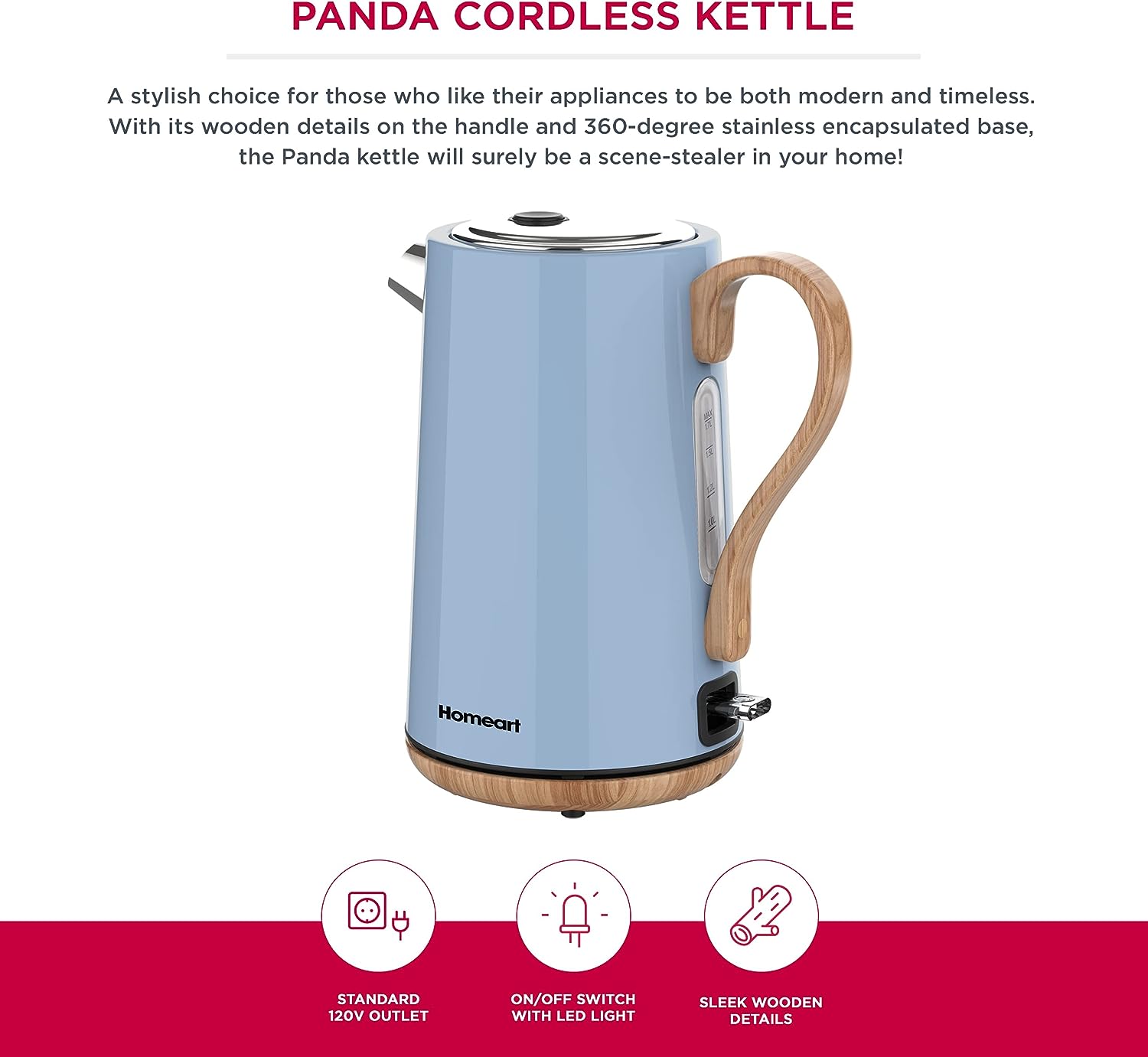 Homeart Panda Cordless Electric Kettle with Wood Detail - Stainless Steel With Removable Filter, Fast Boiling and Auto Shut-off - 1.7L Capacity, Powder Blue