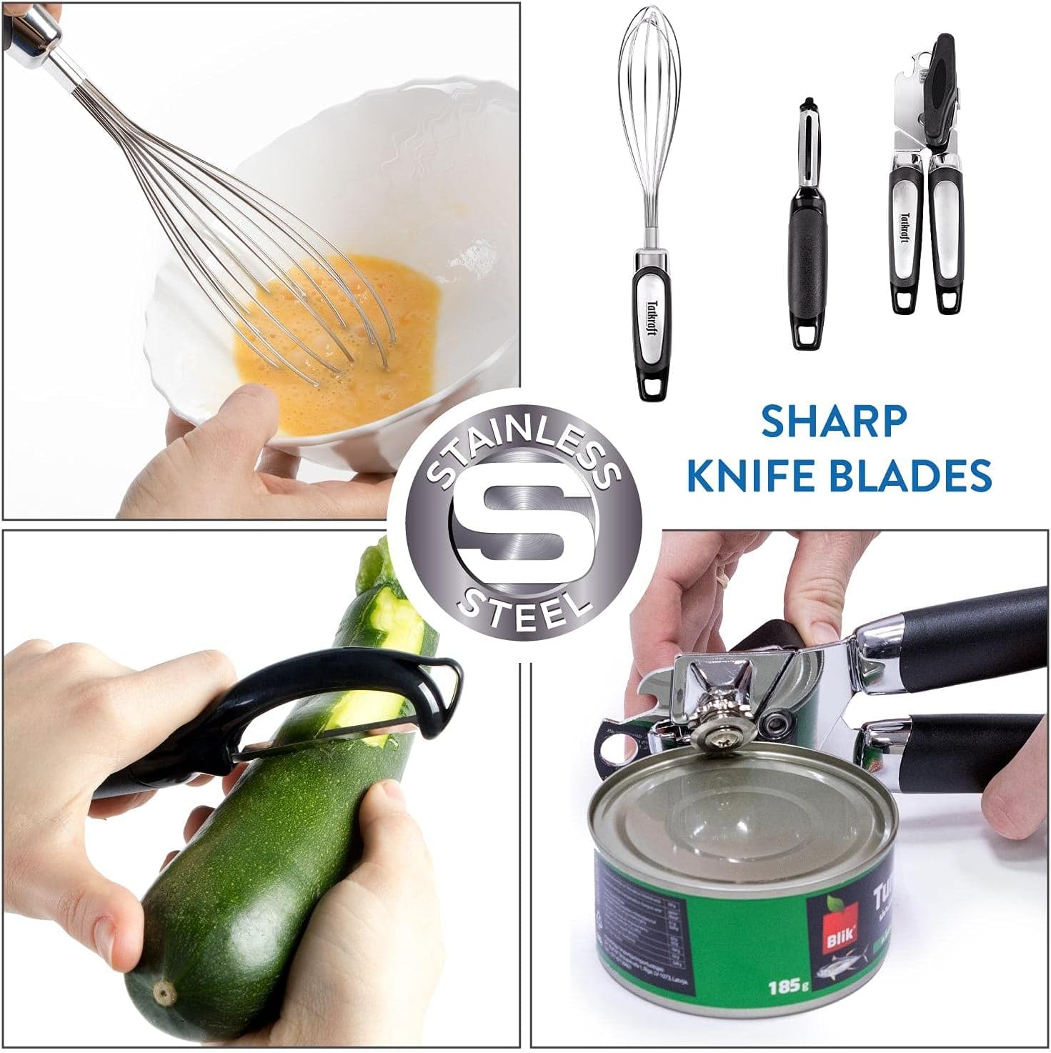 Tatkraft Grip 14-Piece Cooking Utensils, Stainless Steel and Nylon Kitchen Utensil Set Includes Cooking Spoon, Slotted Spoon, Whisk, Slotted Turner, Peeler, Can Opener, Measuring Cups and Spoons Set