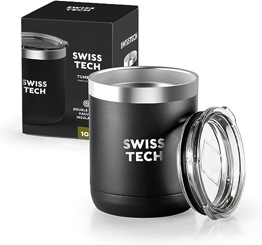 Swiss+Tech 10 oz Tumbler Double Wall Vacuum Insulated Tumbler, Stainless Steel Tumbler with Lid, Corrosion Resistant, BPA Free (Black)