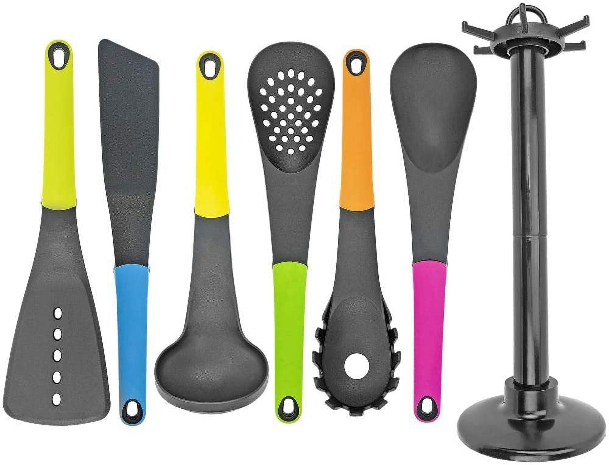 Set of 7 Kitchen Utensils w/Holder, Silicone Handles - Includes Ladle, Spatula, Spoon, Spaghetti Server, and More