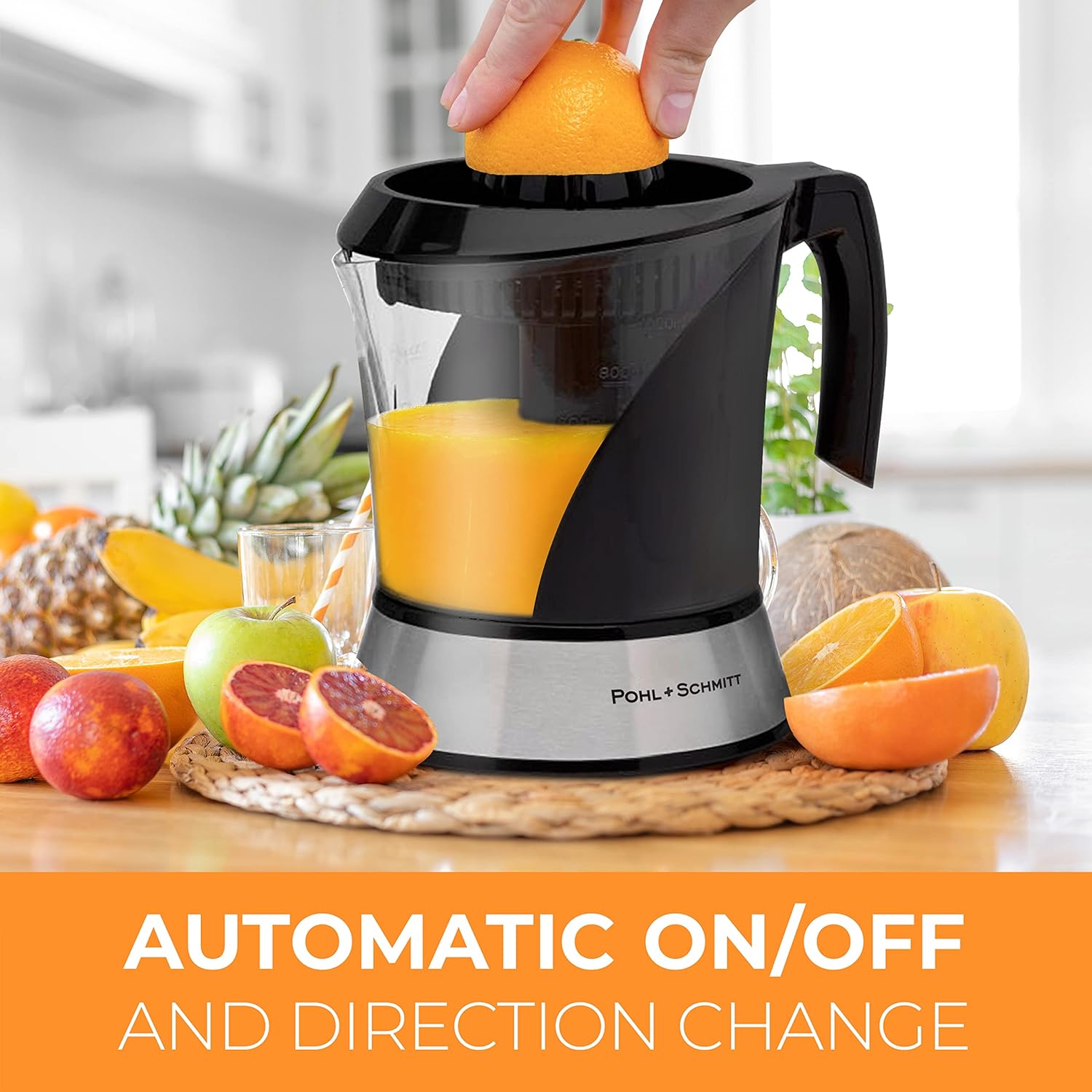 Pohl+Schmitt Deco-Line Electric Citrus Juicer Machine Extractor - Large Capacity 34oz (1L) Easy-Clean, Featuring Pulp Control Technology