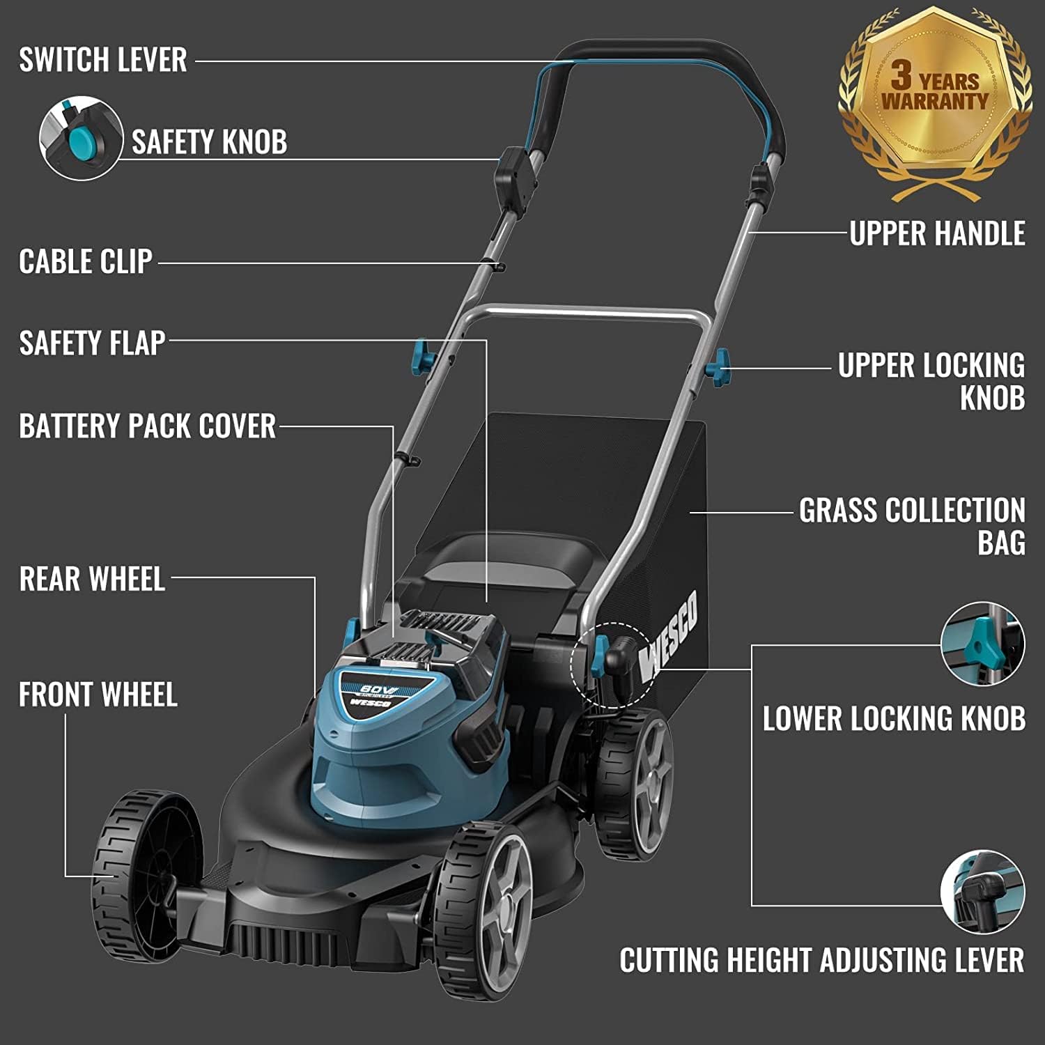 60V Cordless Lawn Mower, 2.5Ah Li-Ion Battery, 17-Inch Cutting Width 3-in-1 Mowing Mulching, 7-Stage Cutting Height Adjustment, Foldable Handle