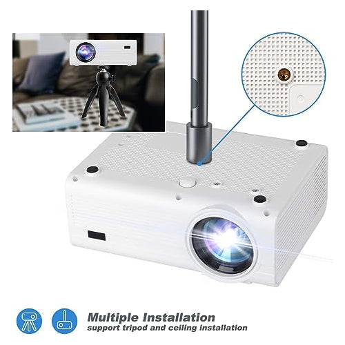 Living Enrichment Mini Projector with Built-in Dual Speaker and Full HD 1080p 50000 Hours Life LED, Compatible with TV Stick, Video Games, HDMI, USB, TF, VGA, AUX, AV, White