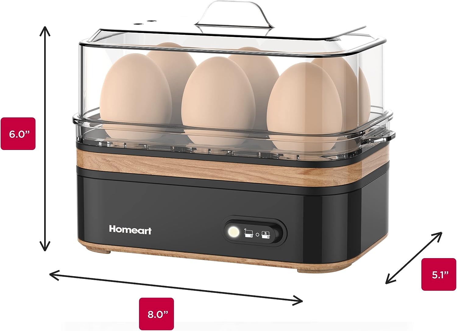 Homeart Panda Egg Boiler with Wooden Detail- Rapid Electric Hard Boiled Egg Cooker with Auto Shut-Off, Alarm and Egg Piercer, 6 Egg Capacity, Black, 400W