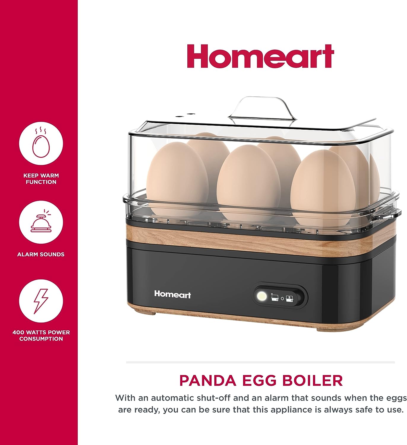 Homeart Panda Egg Boiler with Wooden Detail- Rapid Electric Hard Boiled Egg Cooker with Auto Shut-Off, Alarm and Egg Piercer, 6 Egg Capacity, Black, 400W