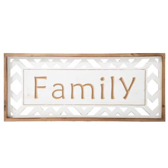 Urban Trends Collection Wood Rectangle Wall Art with Carved Writing "Family" and Side Cutout Shapes Design Painted Finish White