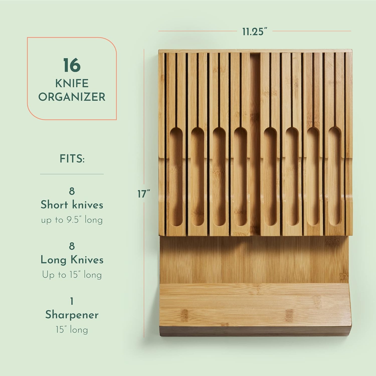 High-Grade 100% Bamboo Knife Drawer Organizer with 16 Knife Slots Plus a Sharpener Slot