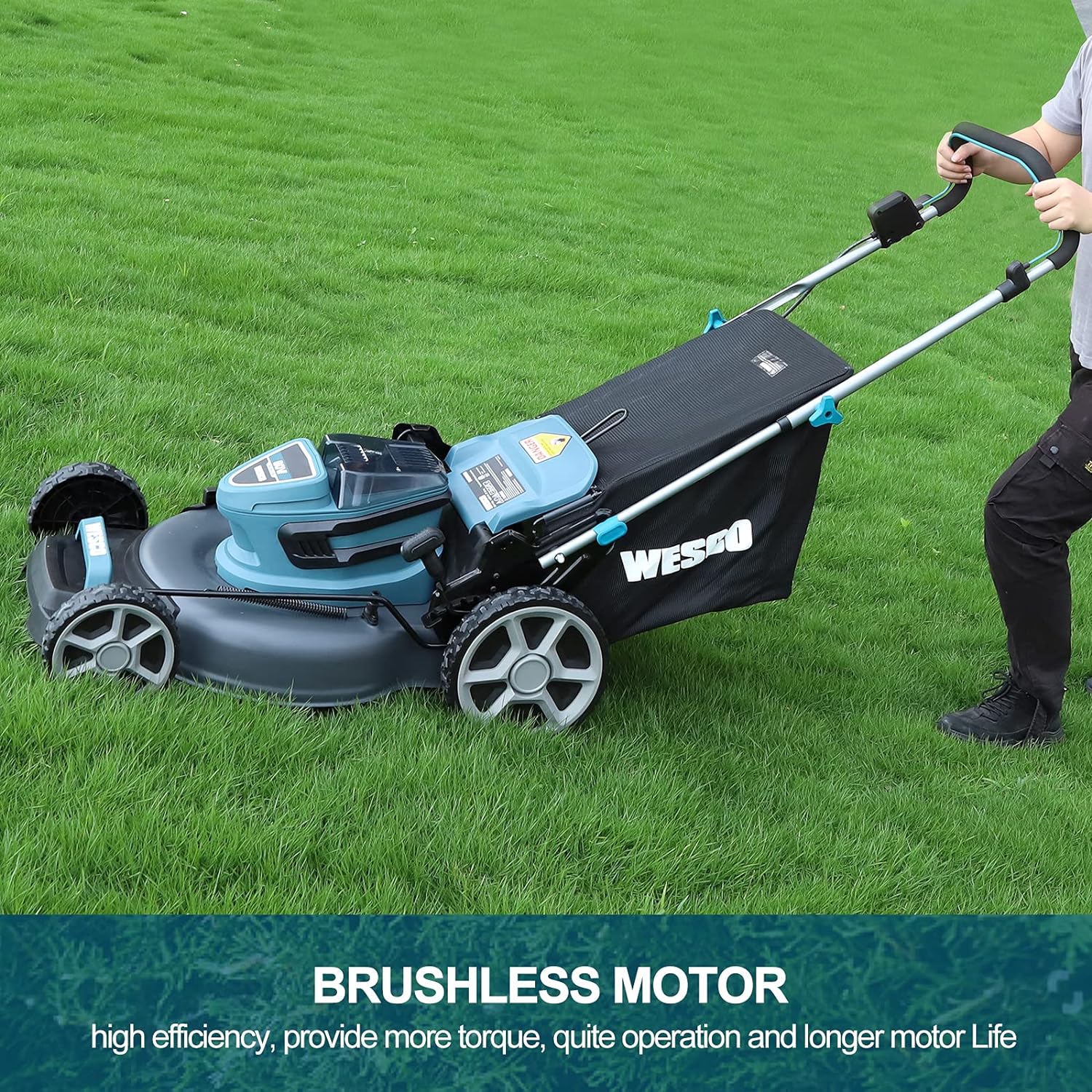 Cordless Lawn Mower, WESCO 60V Brushless Push Lawn Mower, 20-Inch3-in-1, 5.0Ah Battery and Charger Included, 7 Mowing Heights, 13.7 Gallon Grass Bag/WS8704U