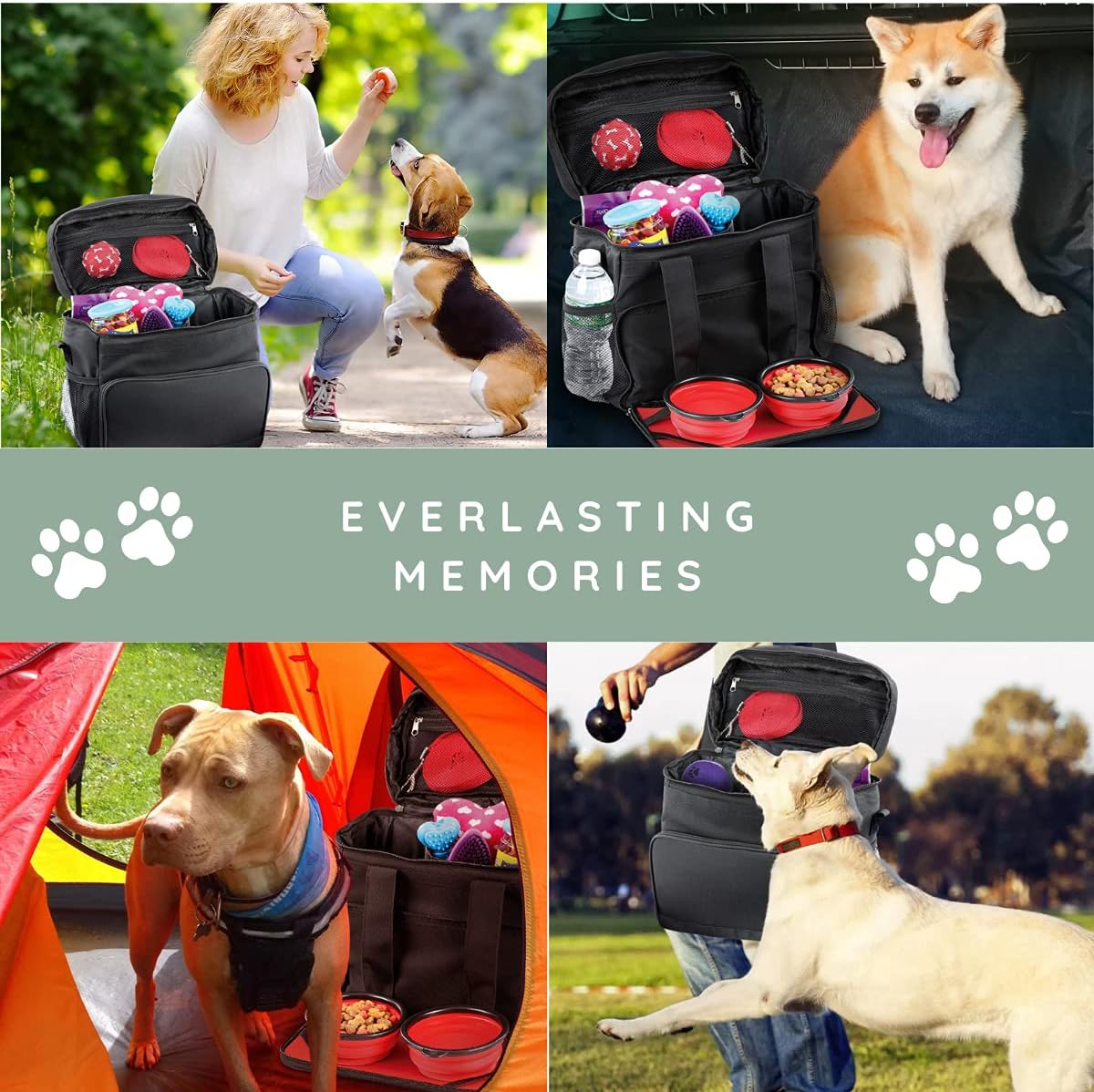 Bundaloo Dog Travel Bag Accessories Supplies Organizer 5-Piece Set with Shoulder Strap | 2 Lined Pet Food Containers, 2 Collapsible Feeding Bowls. Everyday Dogs Essentials