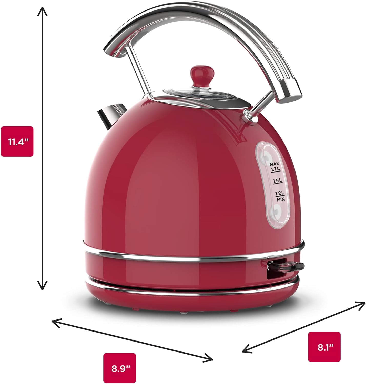 Homeart Alyssa Dome Retro Electric Cordless Kettle - Stainless Steel With Removable Filter, Fast Boiling and Auto Shut-off - 1.7L Capacity, Red