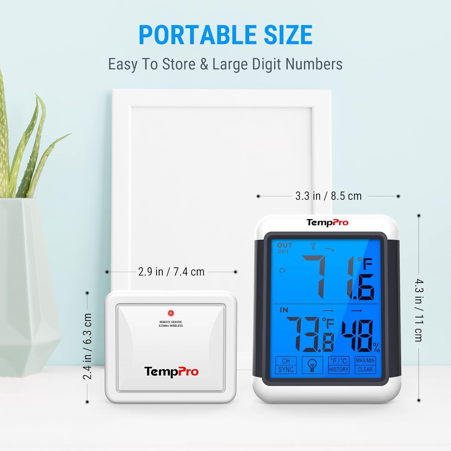 TempPro B65S Indoor Outdoor Thermometer Wireless Digital Hygrometer Temperature Sensor Humidity Gauge Monitor with Large Backlight Touchscreen for Home Thermometer