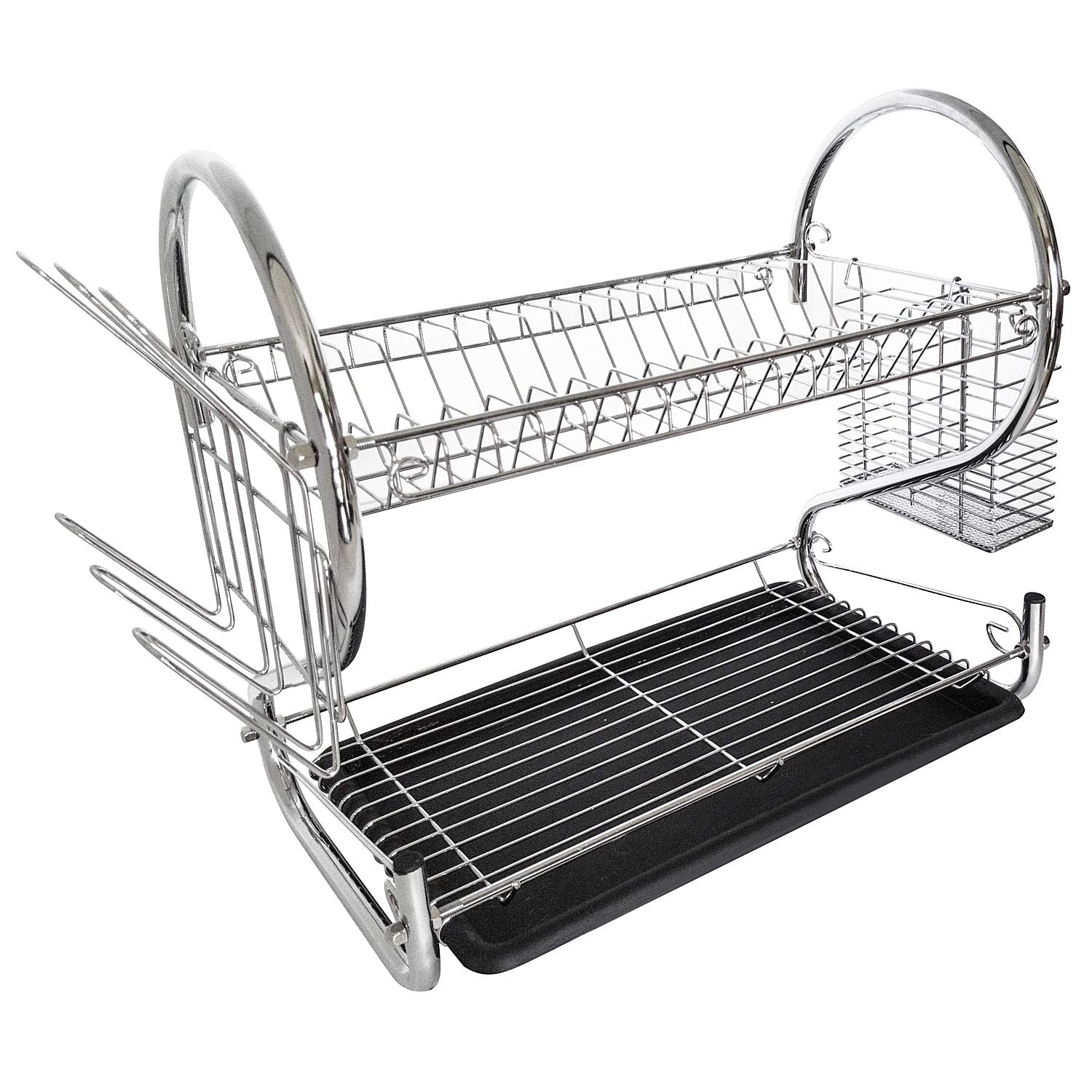 Tatkraft Helga 2-Tier Dish Drying Rack, Drainer with Drainboard for Kitchen Counter, Mug and Utensil Holder, Chrome-Plated, Easy Assembly
