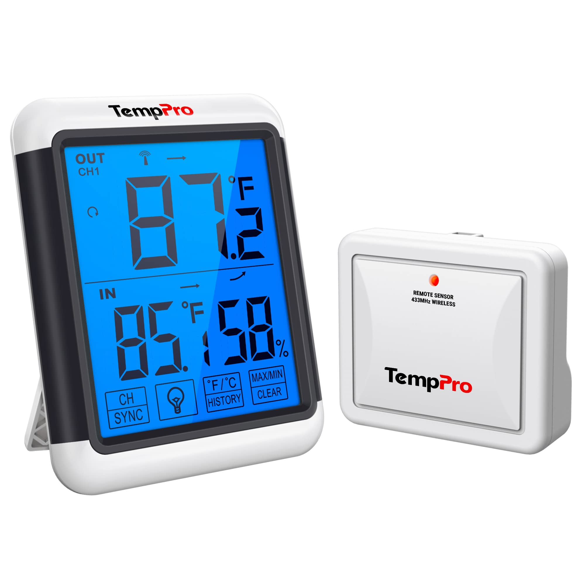 TempPro B65S Indoor Outdoor Thermometer Wireless Digital Hygrometer Temperature Sensor Humidity Gauge Monitor with Large Backlight Touchscreen for Home Thermometer
