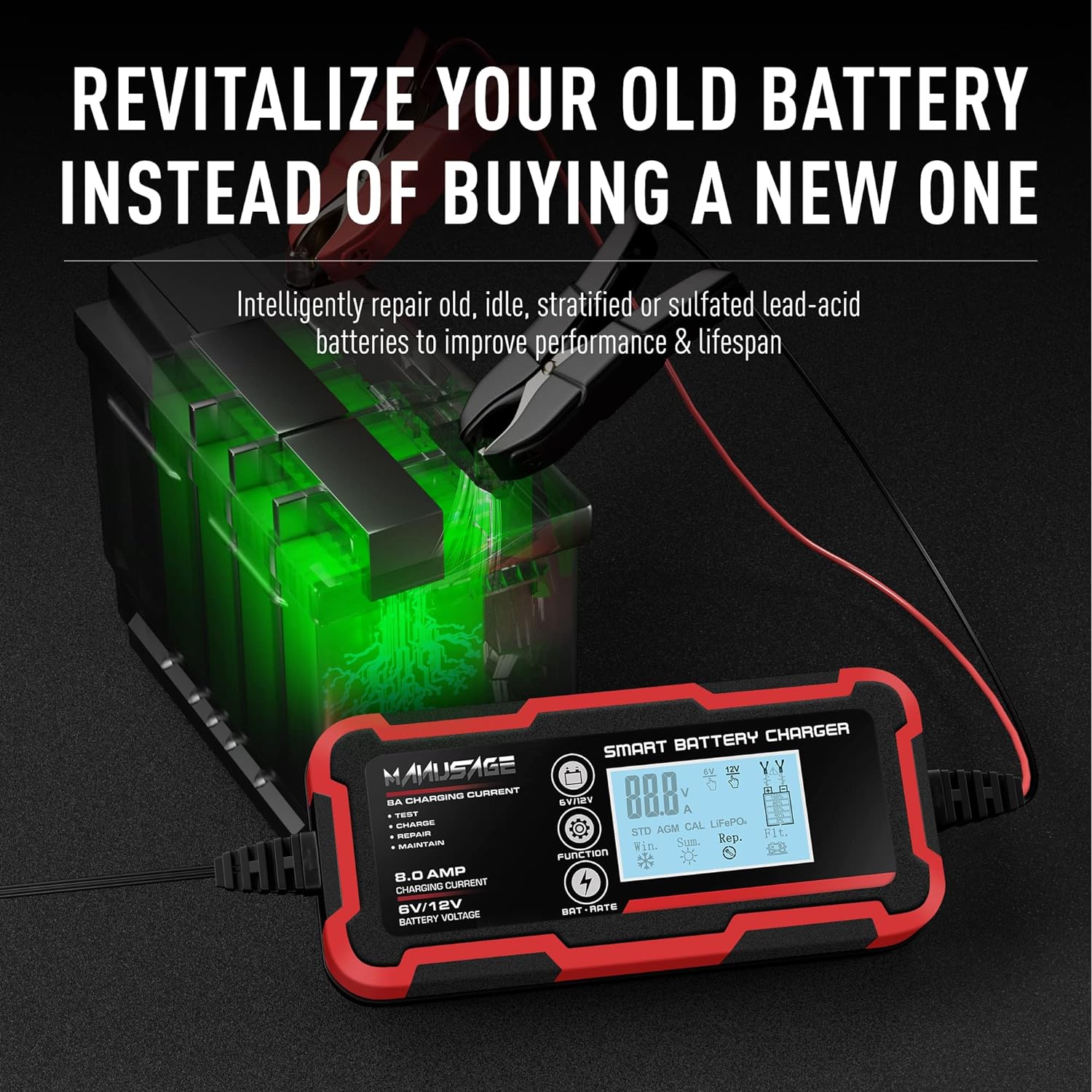 Manusage 8-Amp Fully-Automatic Smart Charger, 6V and 12V