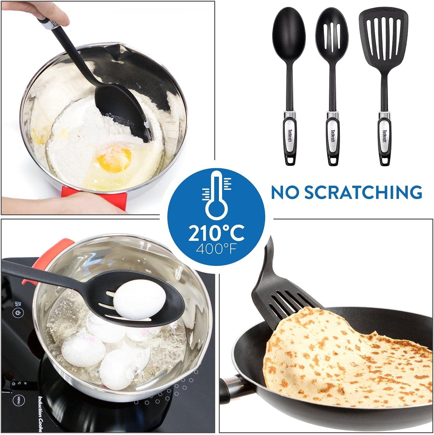 Tatkraft Grip 14-Piece Cooking Utensils, Stainless Steel and Nylon Kitchen Utensil Set Includes Cooking Spoon, Slotted Spoon, Whisk, Slotted Turner, Peeler, Can Opener, Measuring Cups and Spoons Set