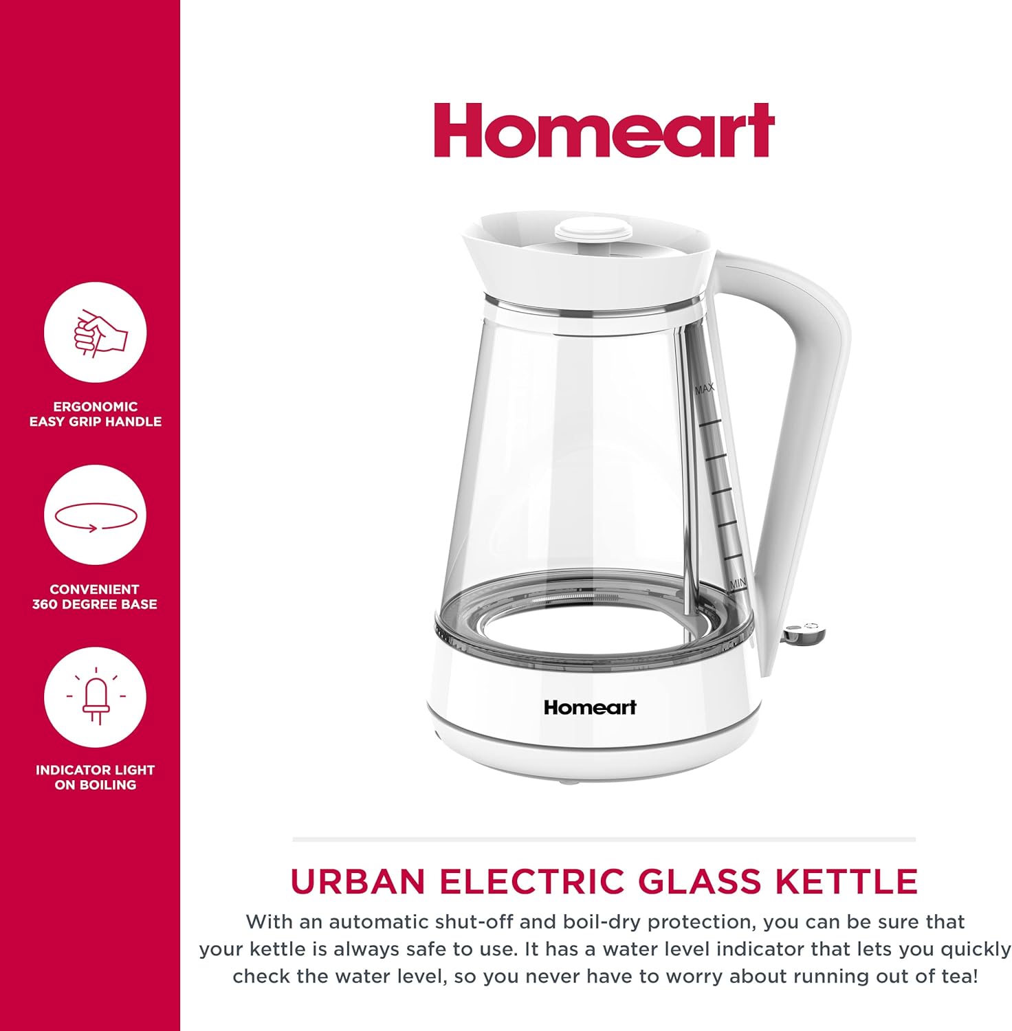 Homeart Urban Cordless Electric Glass Kettle - Stainless Steel With Removable Filter, Fast Boiling and Auto Shut-off - 1.7L Capacity, White