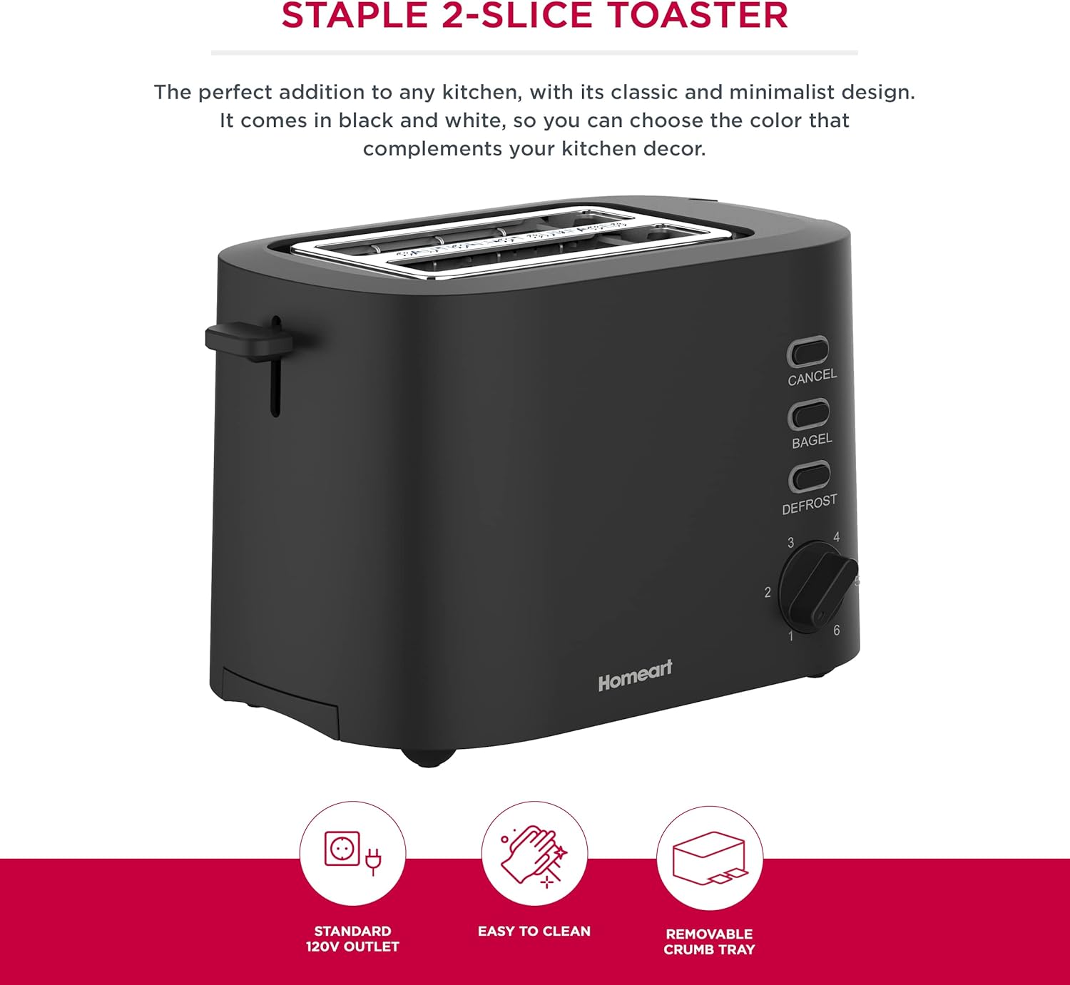 Homeart 900W Staple 2-Slice Toaster - Stainless Steel With Removable Crumb Tray, Adjustable Browning Control, Defrost and Bagel