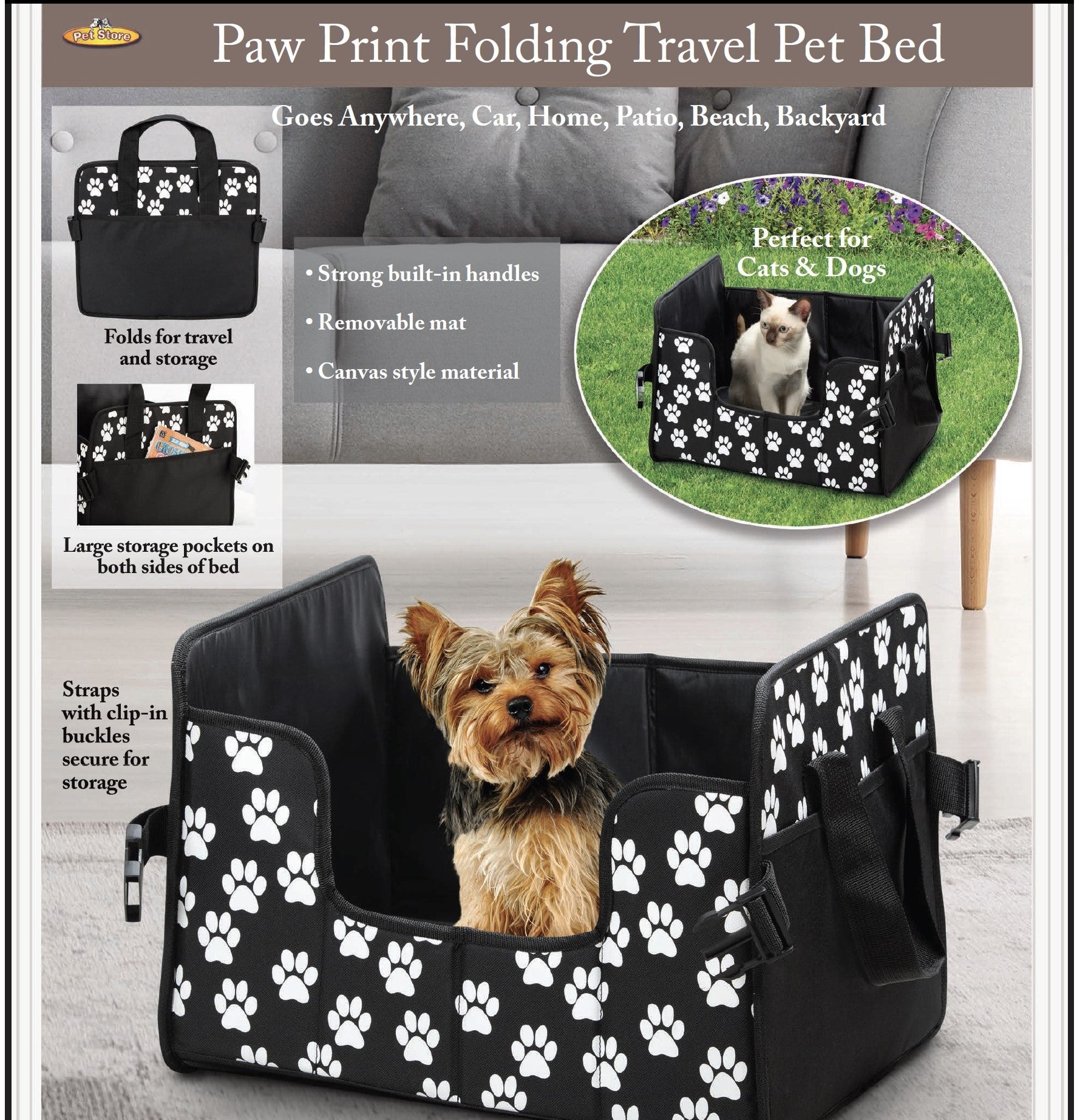 Etna Products- Paw Print Folding Travel Cat and Dog Bed
