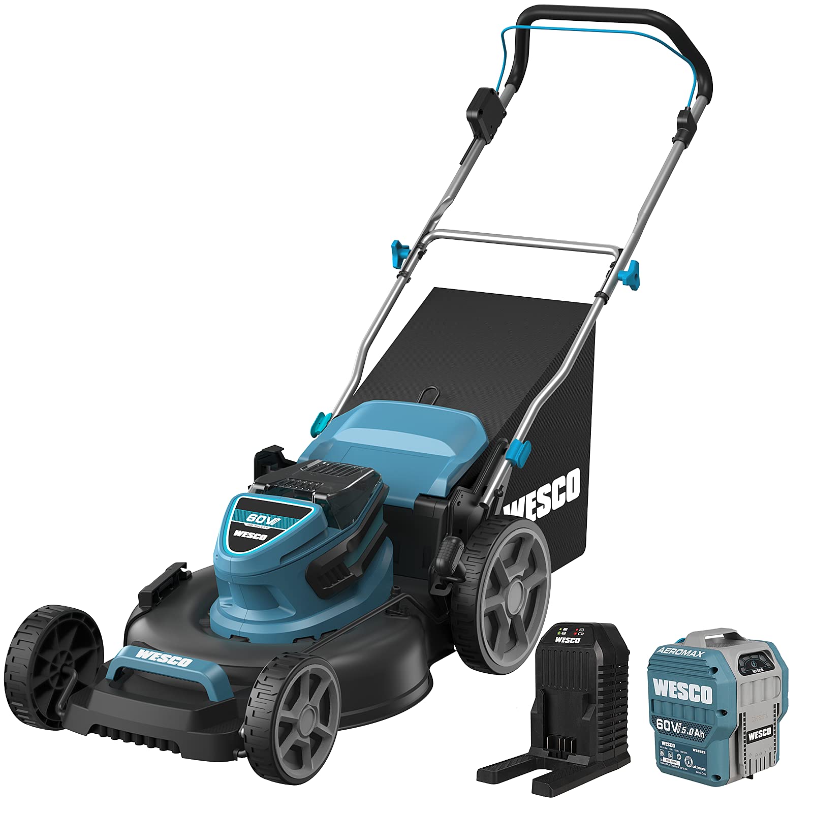 Cordless Lawn Mower, WESCO 60V Brushless Push Lawn Mower, 20-Inch3-in-1, 5.0Ah Battery and Charger Included, 7 Mowing Heights, 13.7 Gallon Grass Bag/WS8704U