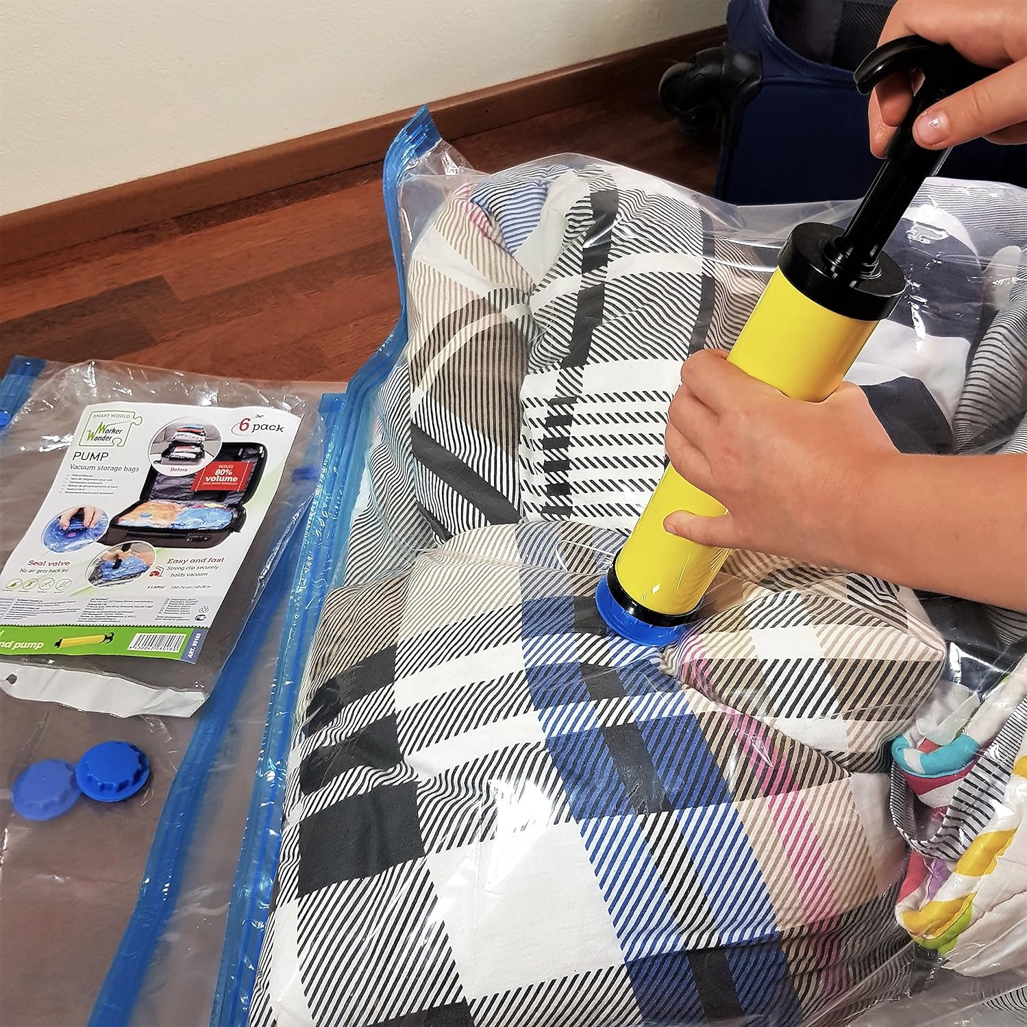 WonderWorker Pump, 6 Jumbo Vacuum Storage Bags, Nearly 80% More Compression Than Other Brands, Storage Bags for bedding, pillow, blankets, clothes etc.