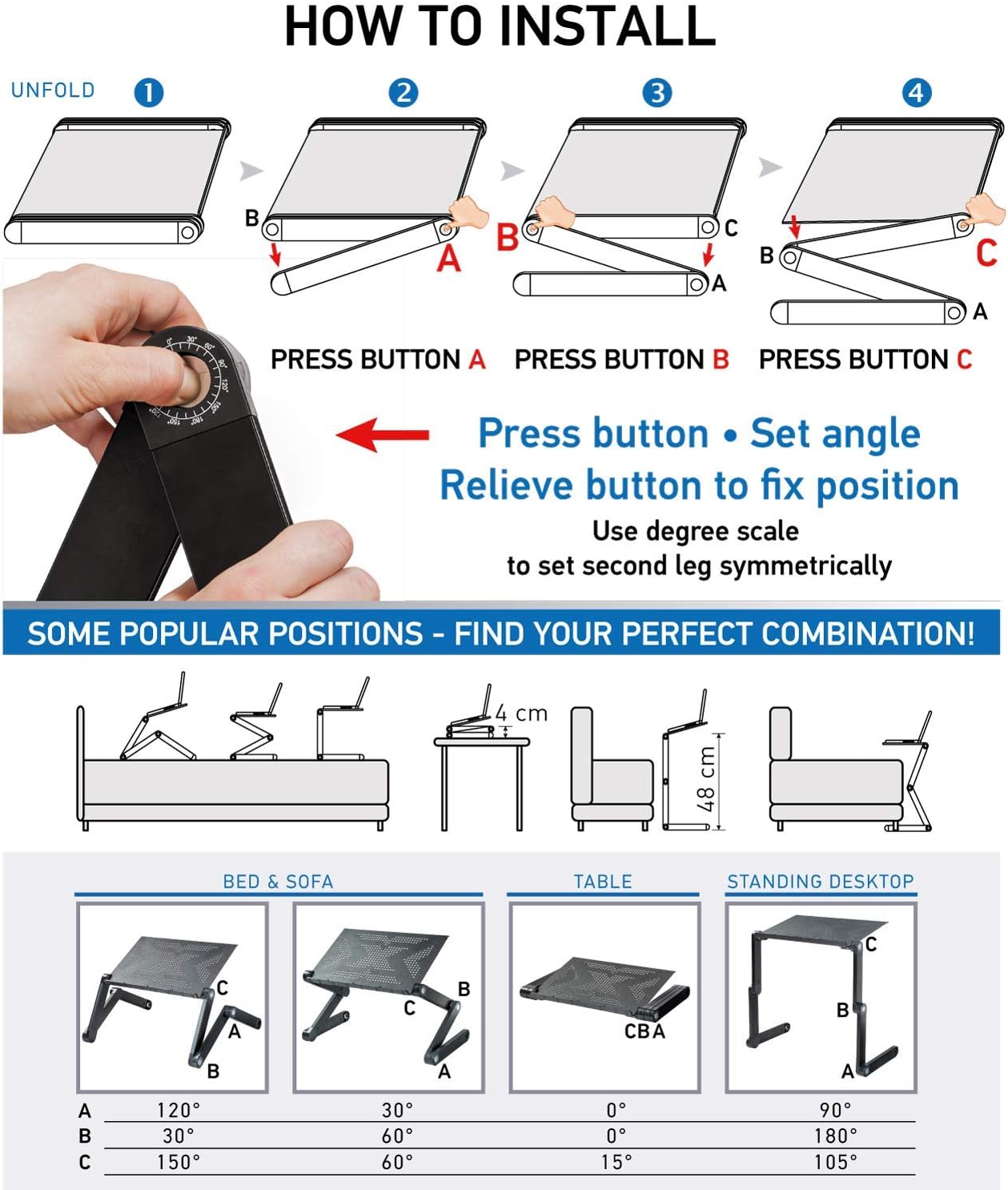 WonderWorker Newton Adjustable Laptop Table Bed Tray Cooling Pad, Lightweight Aluminum, Portable Folding Laptop Stand, Black Standard