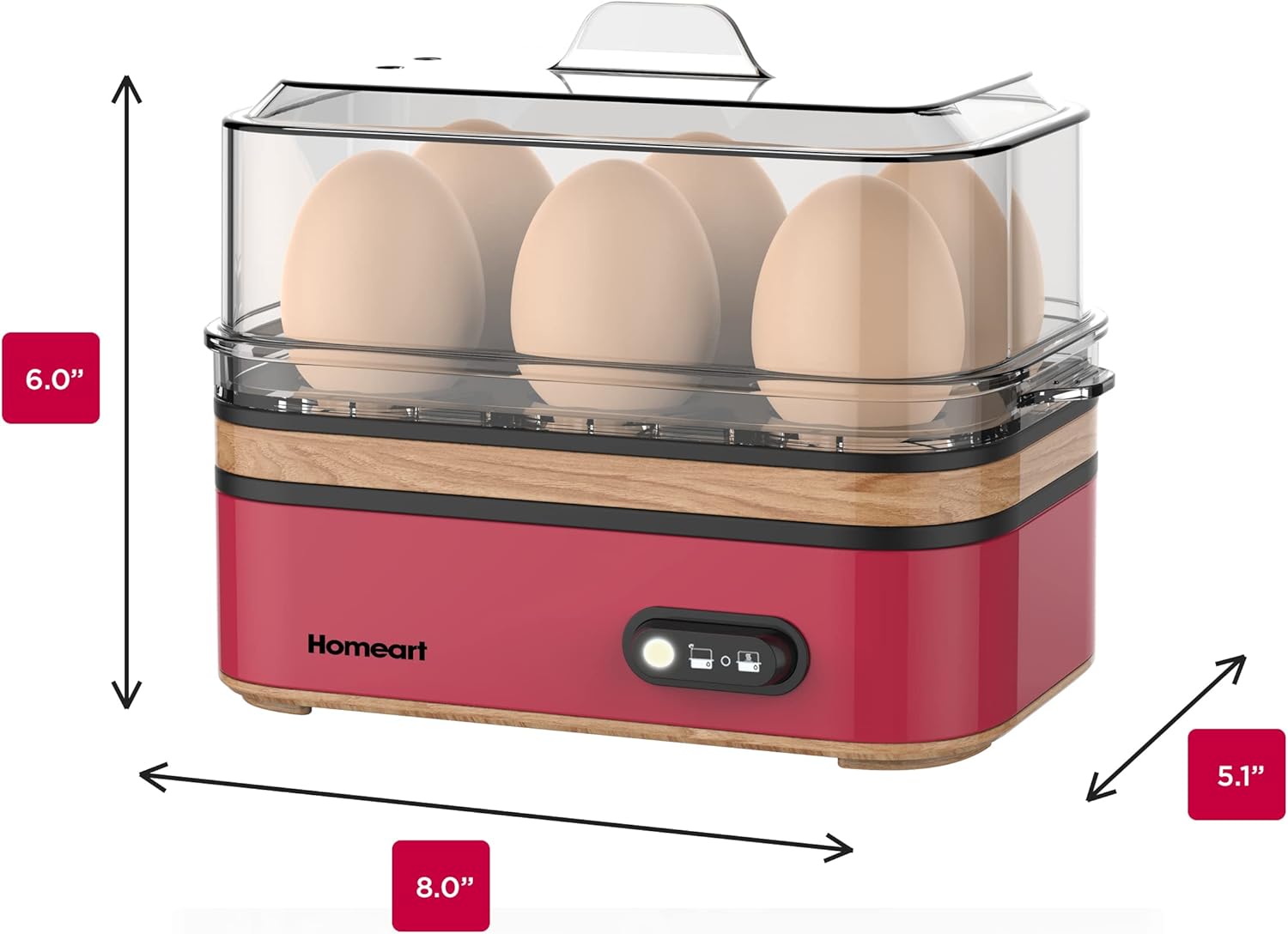 Homeart Panda Egg Boiler with Wooden Detail- Rapid Electric Hard Boiled Egg Cooker with Auto Shut-Off, Alarm and Egg Piercer, 6 Egg Capacity, Red, 400W