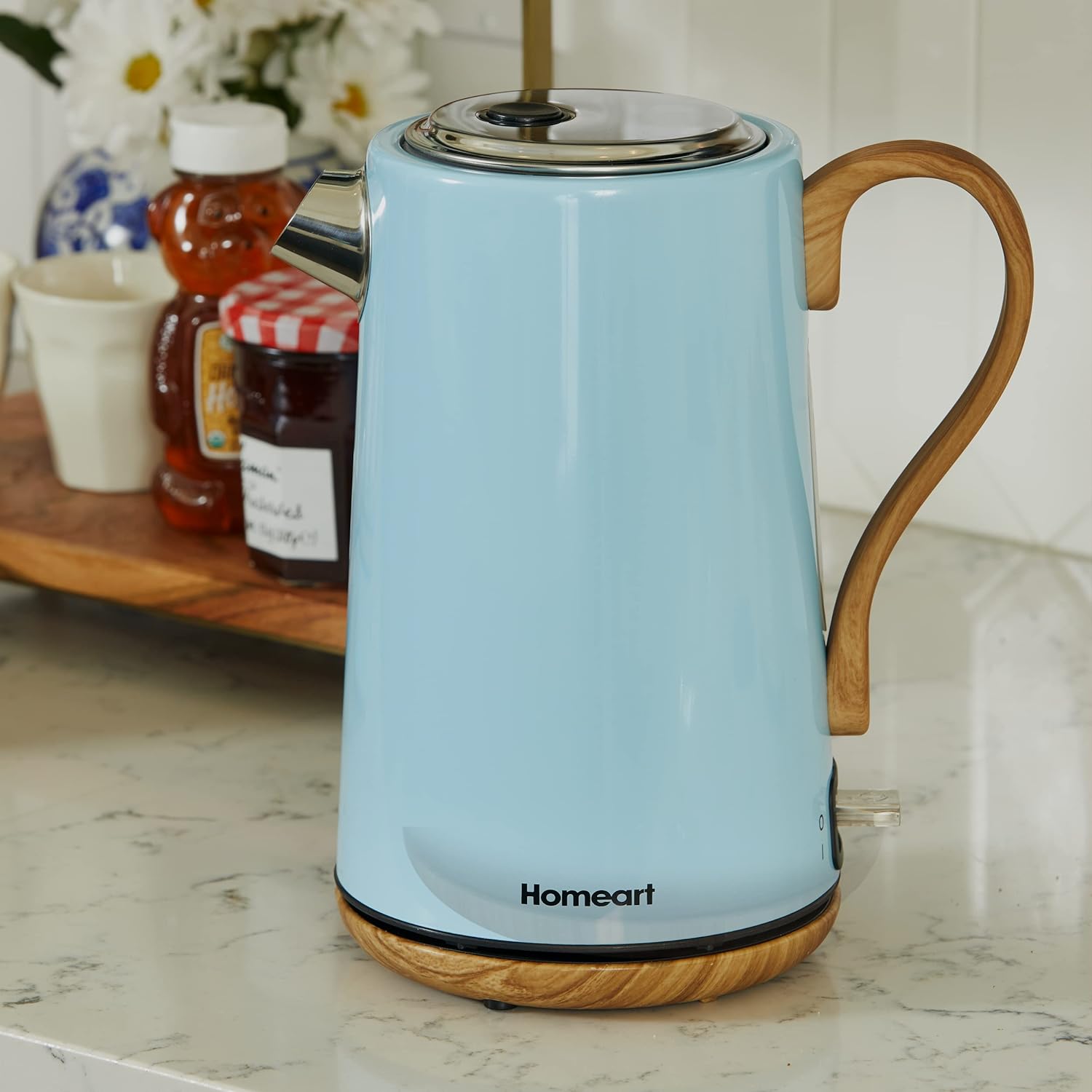 Homeart Panda Cordless Electric Kettle with Wood Detail - Stainless Steel With Removable Filter, Fast Boiling and Auto Shut-off - 1.7L Capacity, Powder Blue