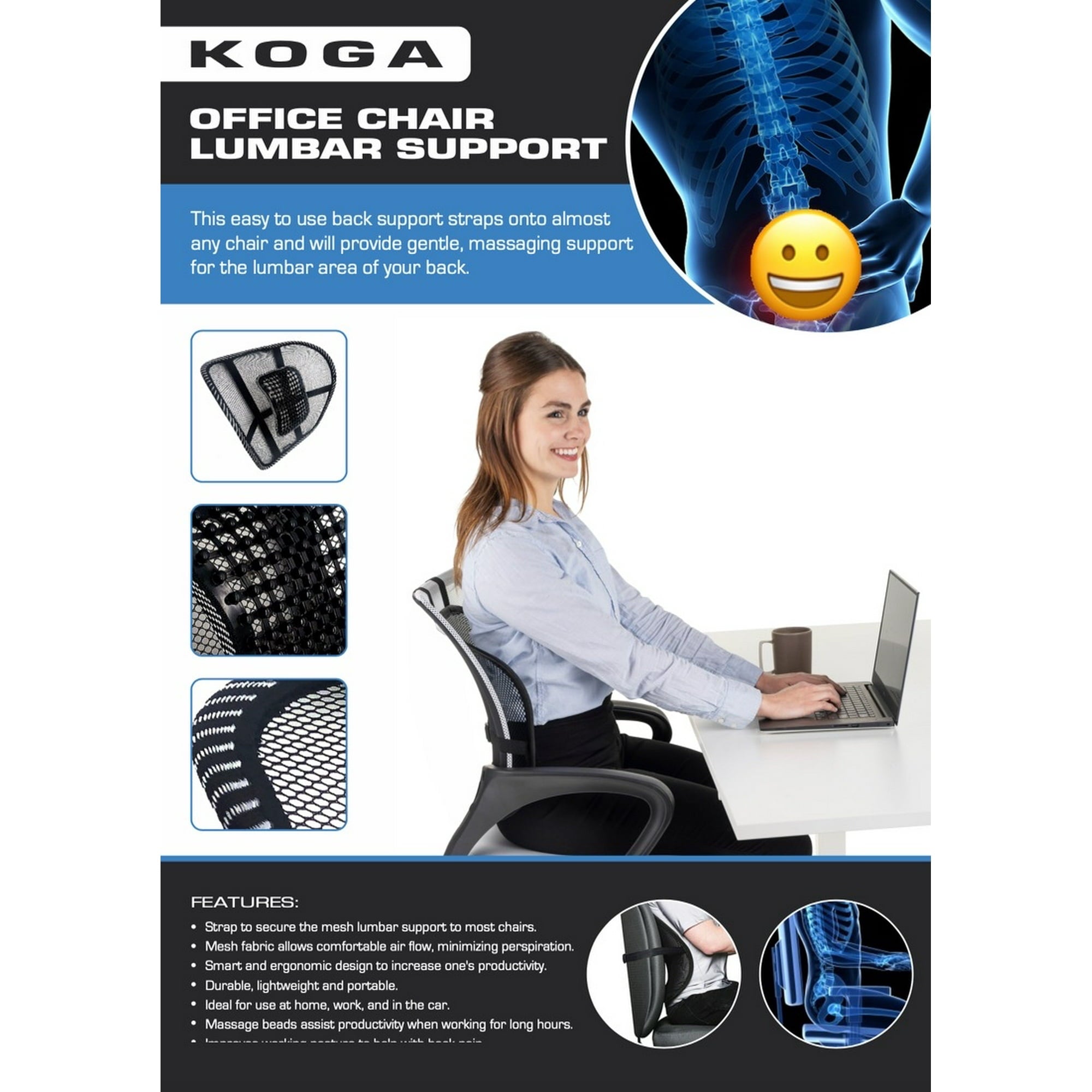 Koga, Comfortable Adjustable Breathable Cool Black Mesh Lumbar Back Support Fit All Types Office Chair Car Seat