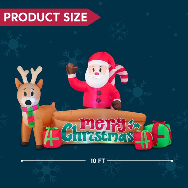 10 FT Long Christmas Inflatable Santa & Reindeer with Merry Christmas Sign, Christmas Inflatable Outdoor Decoration With Build-in LEDs for Xmas Party Indoor, Outdoor, Yard, Garden, Lawn Dcor