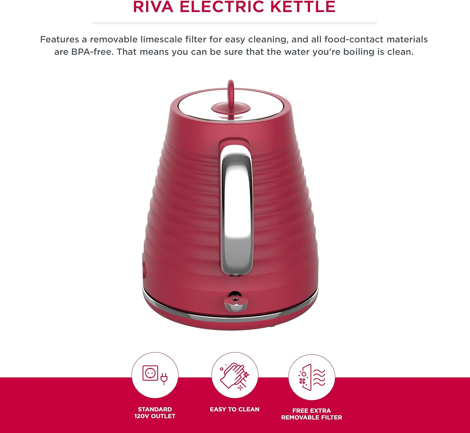 Homeart Riva Electric Kettle - With Removable Limescale Filter, Fast Boiling and Auto Shut-off, Ergonomic Handle and 360-Degree Base - 1.7L Capacity, Red