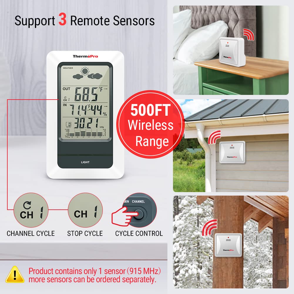 ThermoPro TP67B Waterproof Weather Station Wireless Indoor Outdoor Thermometer Digital Hygrometer Barometer with Cold-Resistant and Waterproof Temperature Monitor, 500ft Range
