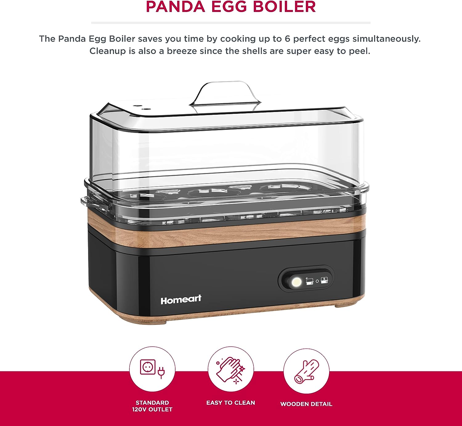 Homeart Panda Egg Boiler with Wooden Detail- Rapid Electric Hard Boiled Egg Cooker with Auto Shut-Off, Alarm and Egg Piercer, 6 Egg Capacity, Black, 400W