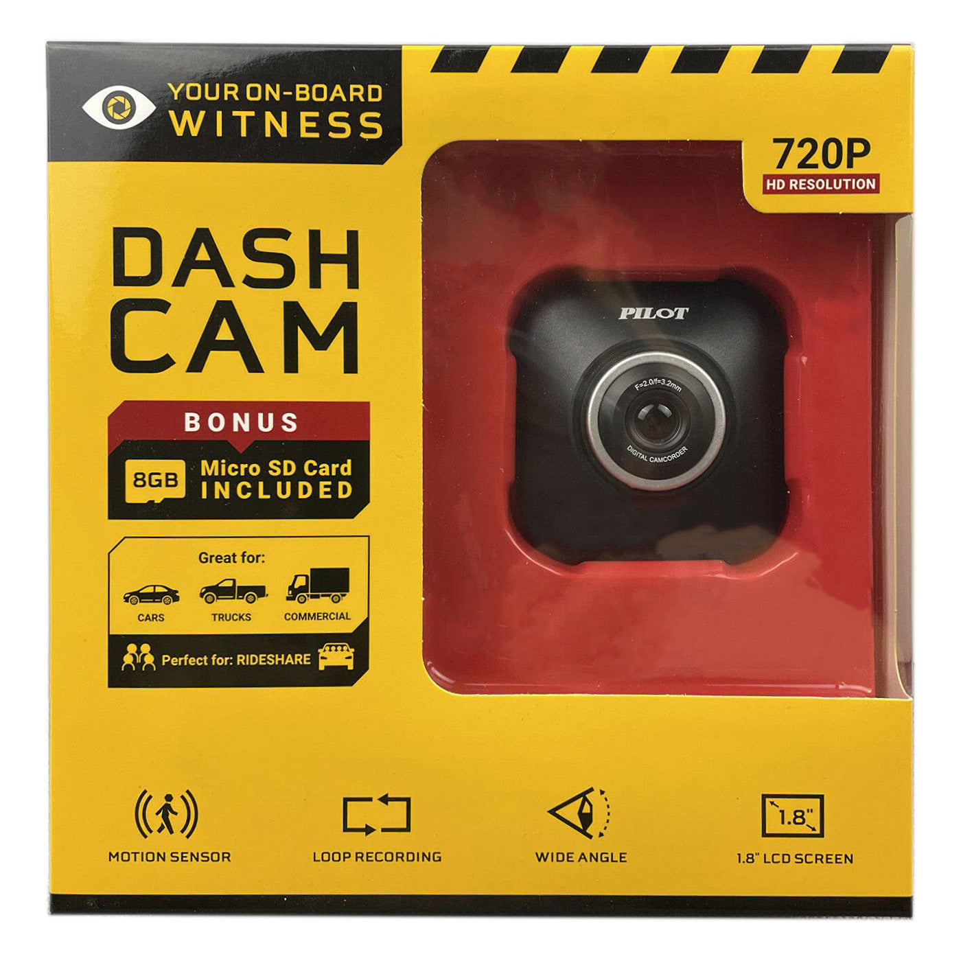 Pilot Vehicle Dash cam - 720p Camera w/8GB Memory Card - Universal Window Mount, 2 Pack