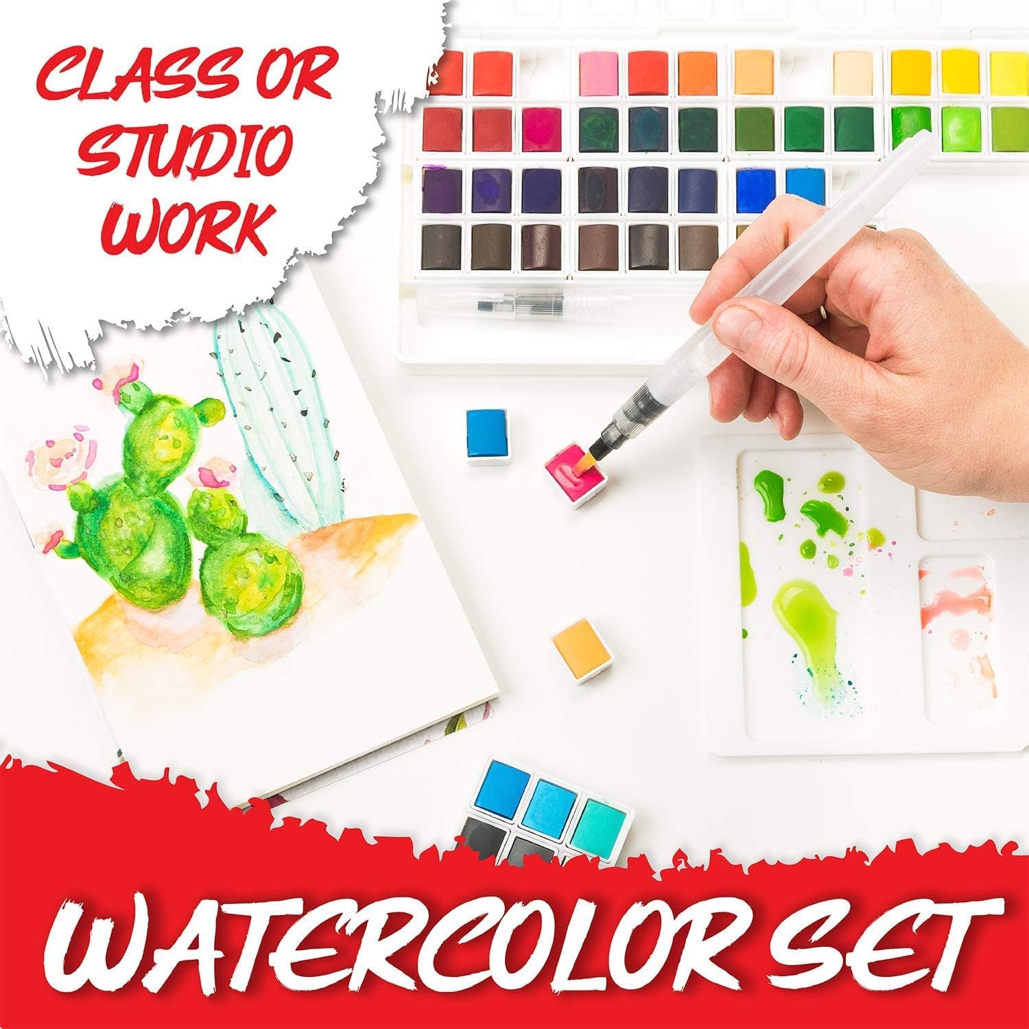 Paint Mark Forty-Eight Watercolor Paint Kit With 2 Blending Brush Pens & Twenty Sheets Water Color Paper, 2 Pack